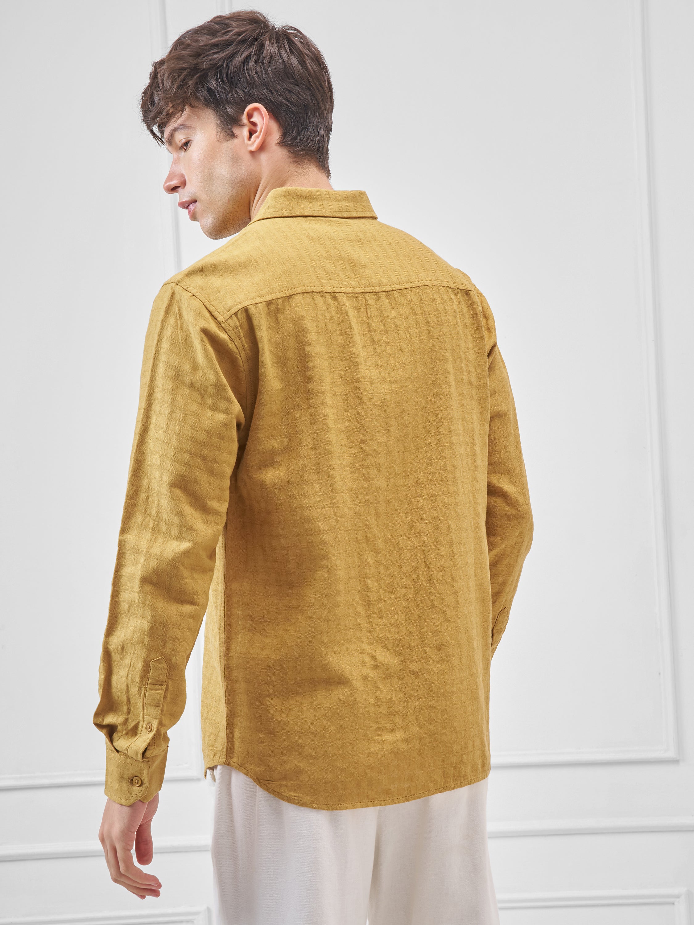 Highlander Men Mustard Self Design Relaxed Fit Casual Shirt - Mustard - Image 3
