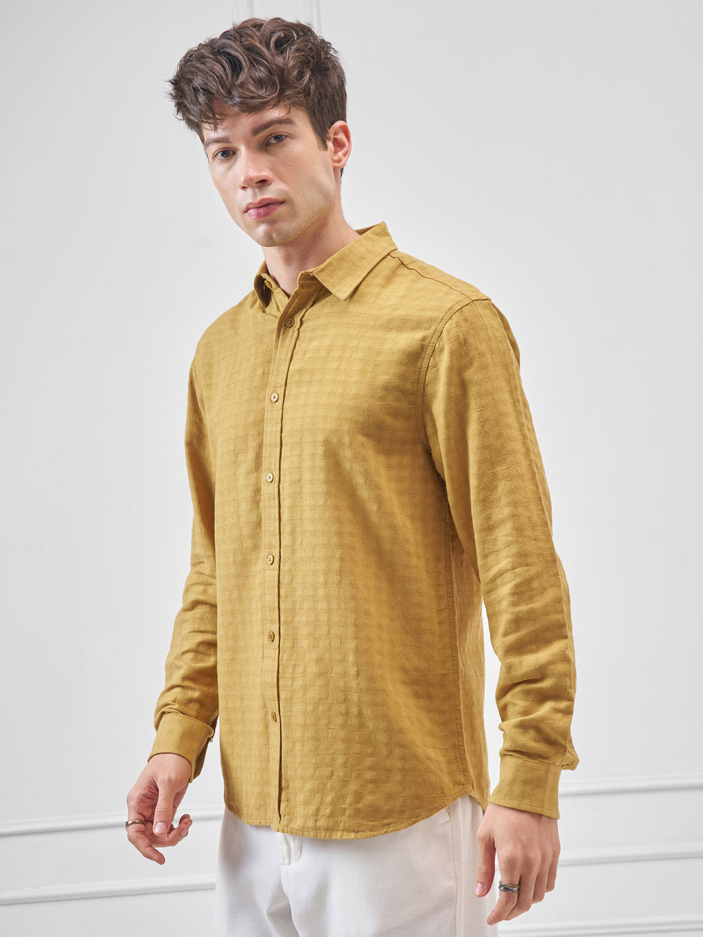 Highlander Men Mustard Self Design Relaxed Fit Casual Shirt - Mustard - Image 4