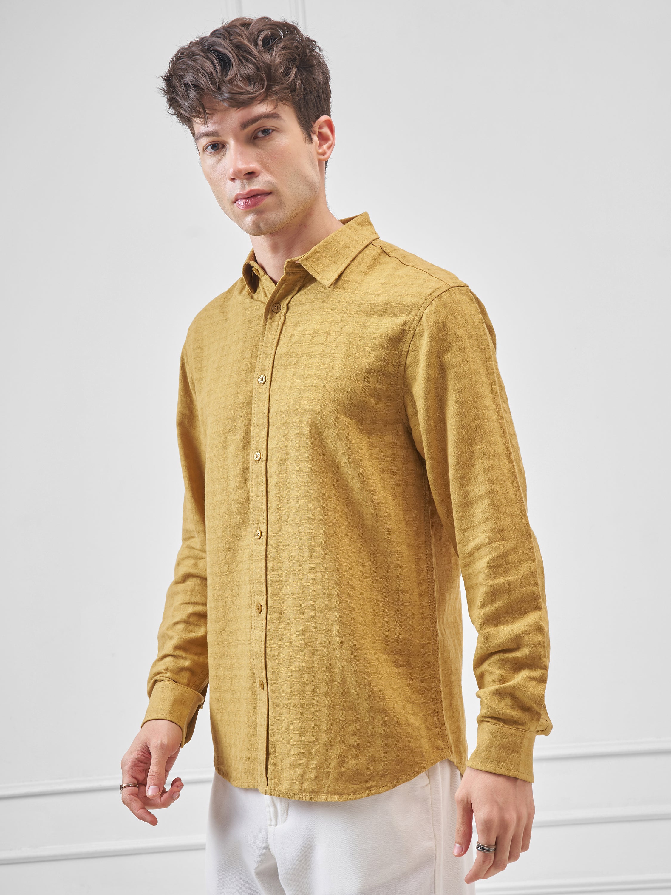 Highlander Men Mustard Self Design Relaxed Fit Casual Shirt - Mustard - Image 4