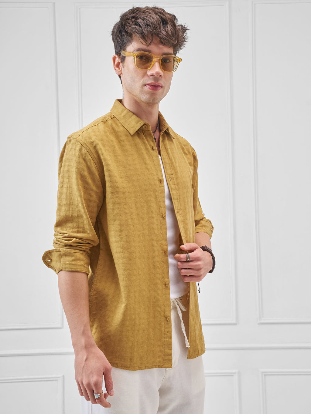 Highlander Men Mustard Self Design Relaxed Fit Casual Shirt - Mustard - Image 6