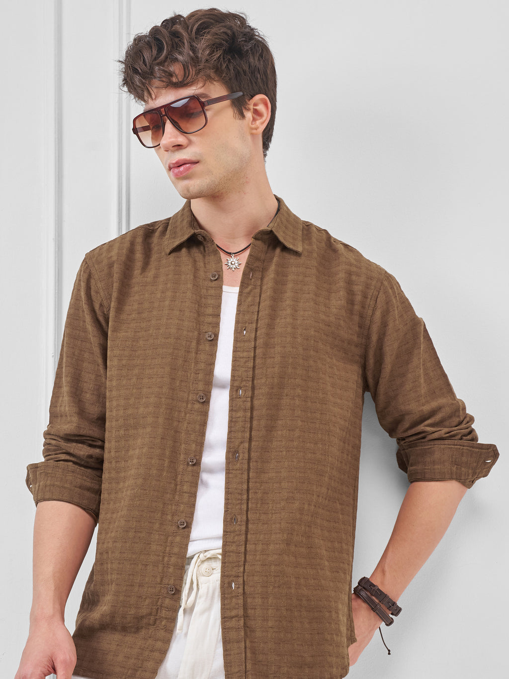 Highlander Men Brown Self Design Relaxed Fit Casual Shirt - Brown - Image 1