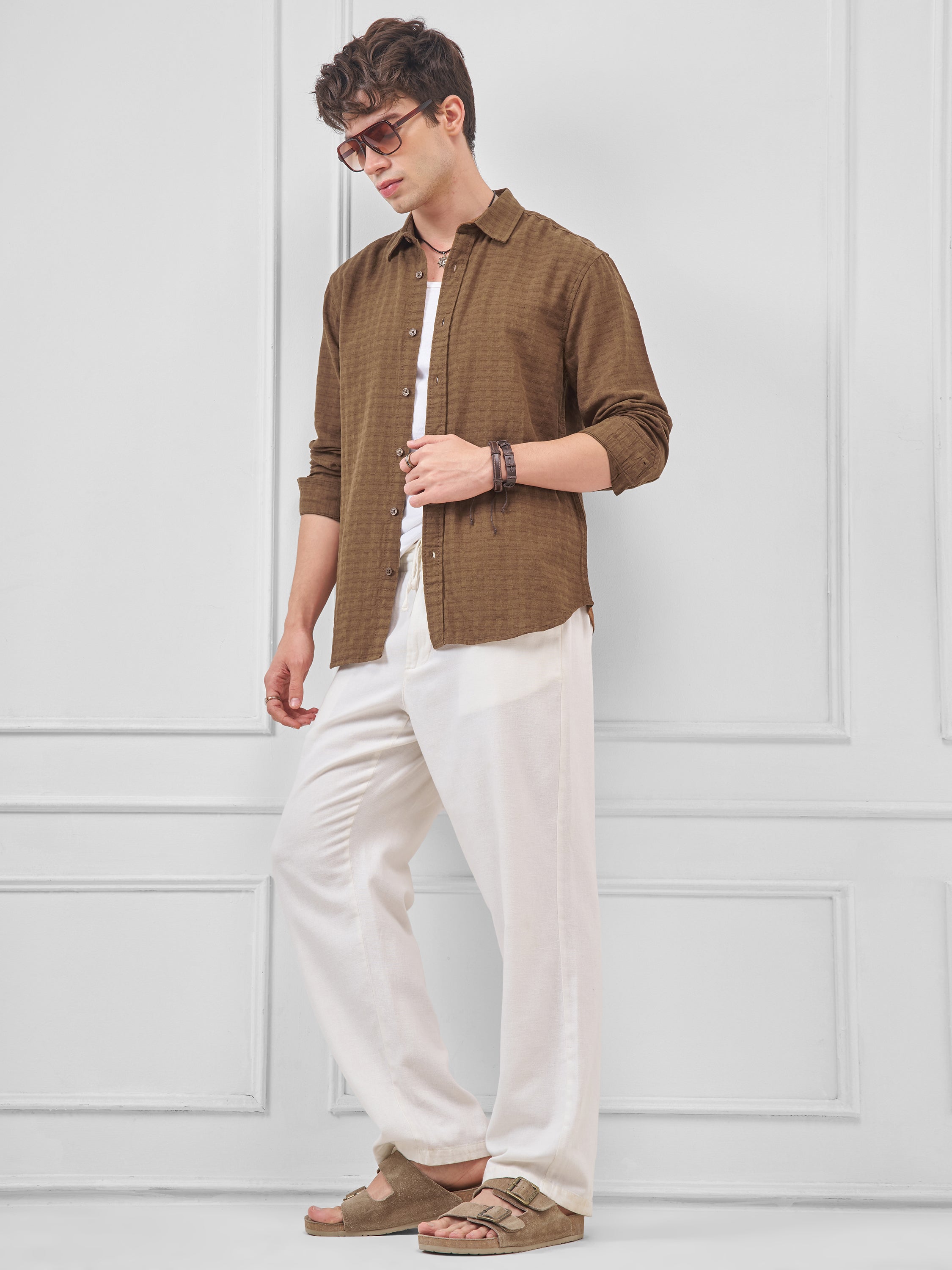 Highlander Men Brown Self Design Relaxed Fit Casual Shirt - Brown - Image 2