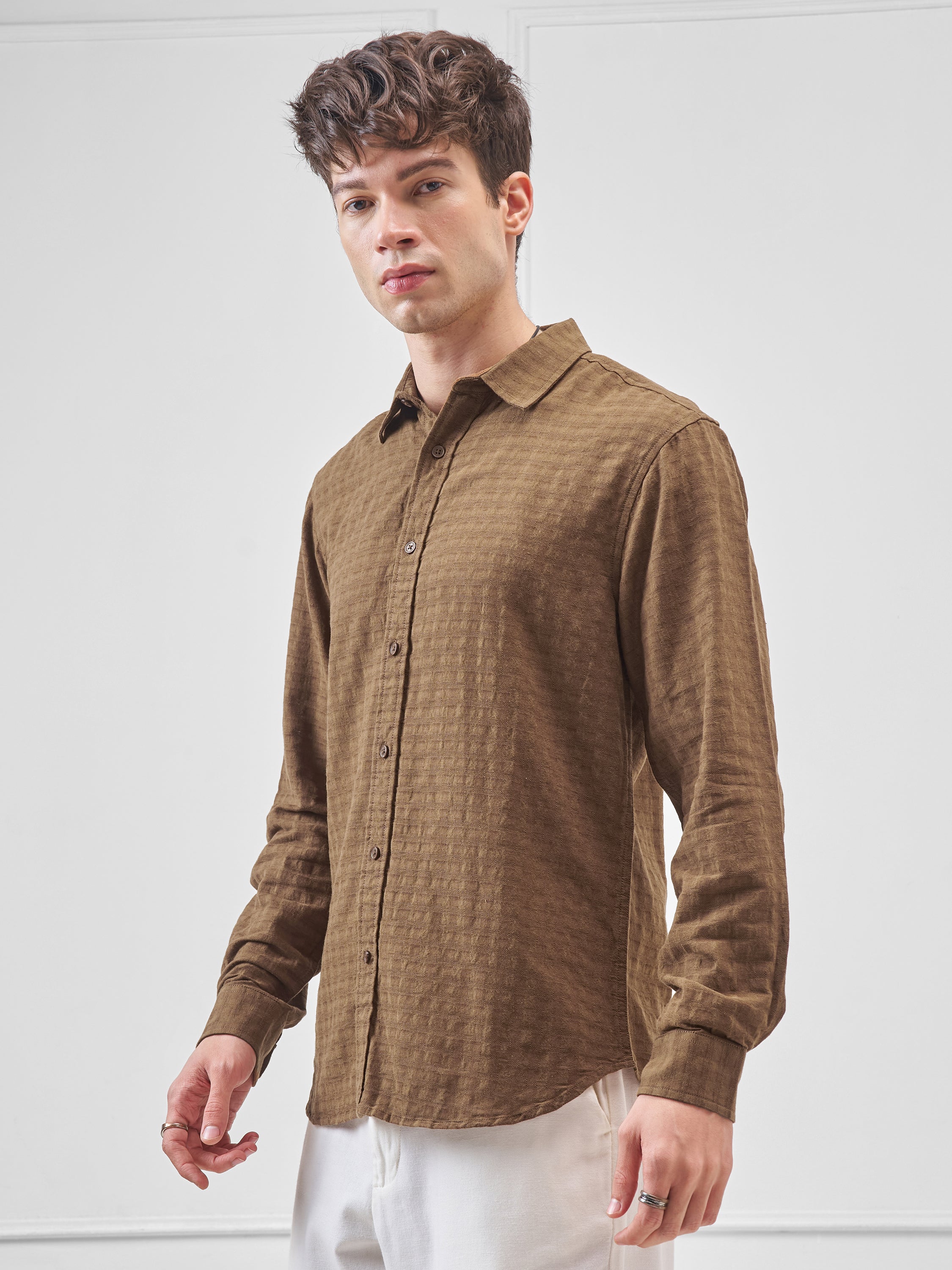 Highlander Men Brown Self Design Relaxed Fit Casual Shirt - Brown - Image 4