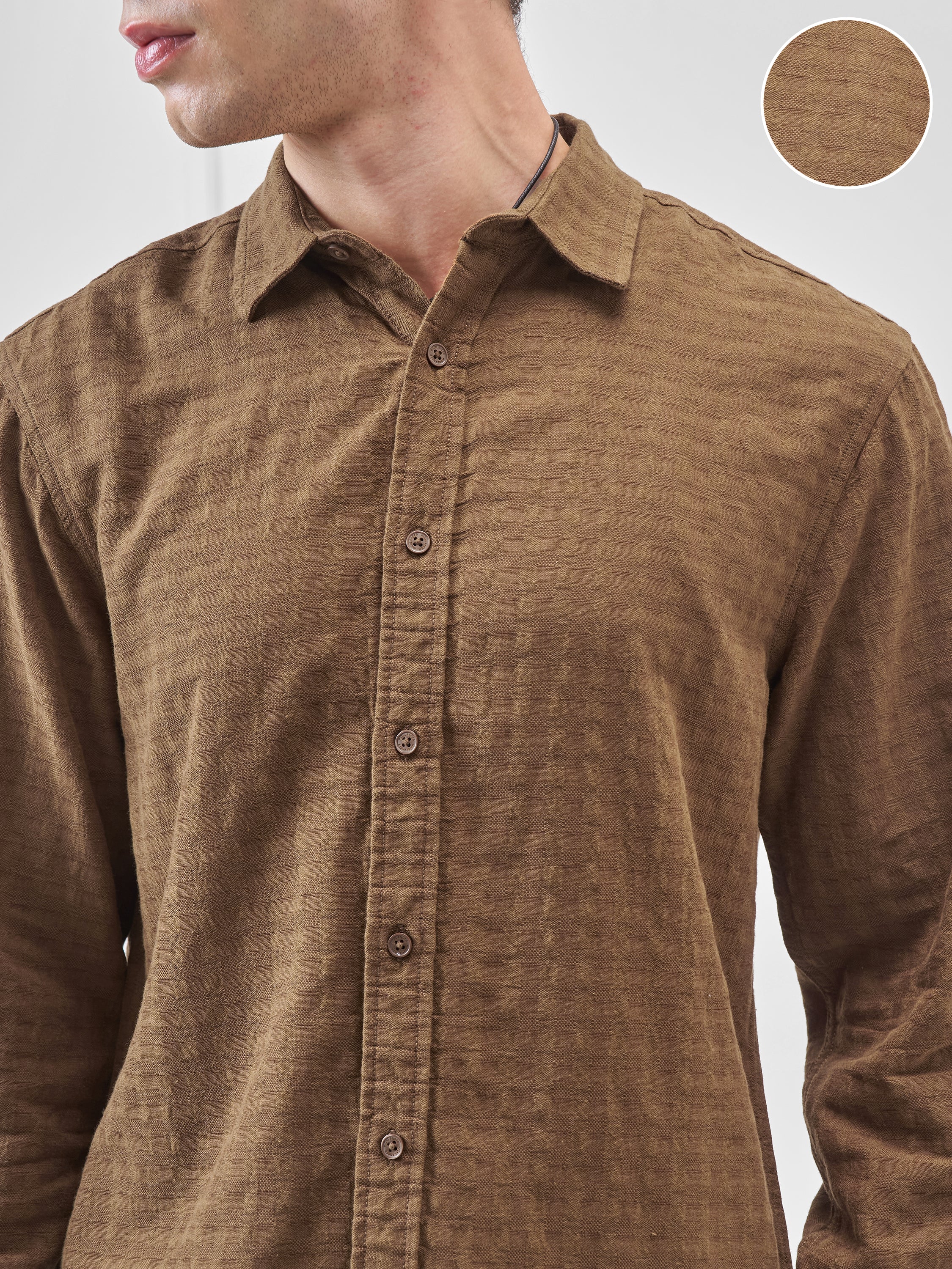 Highlander Men Brown Self Design Relaxed Fit Casual Shirt - Brown - Image 5