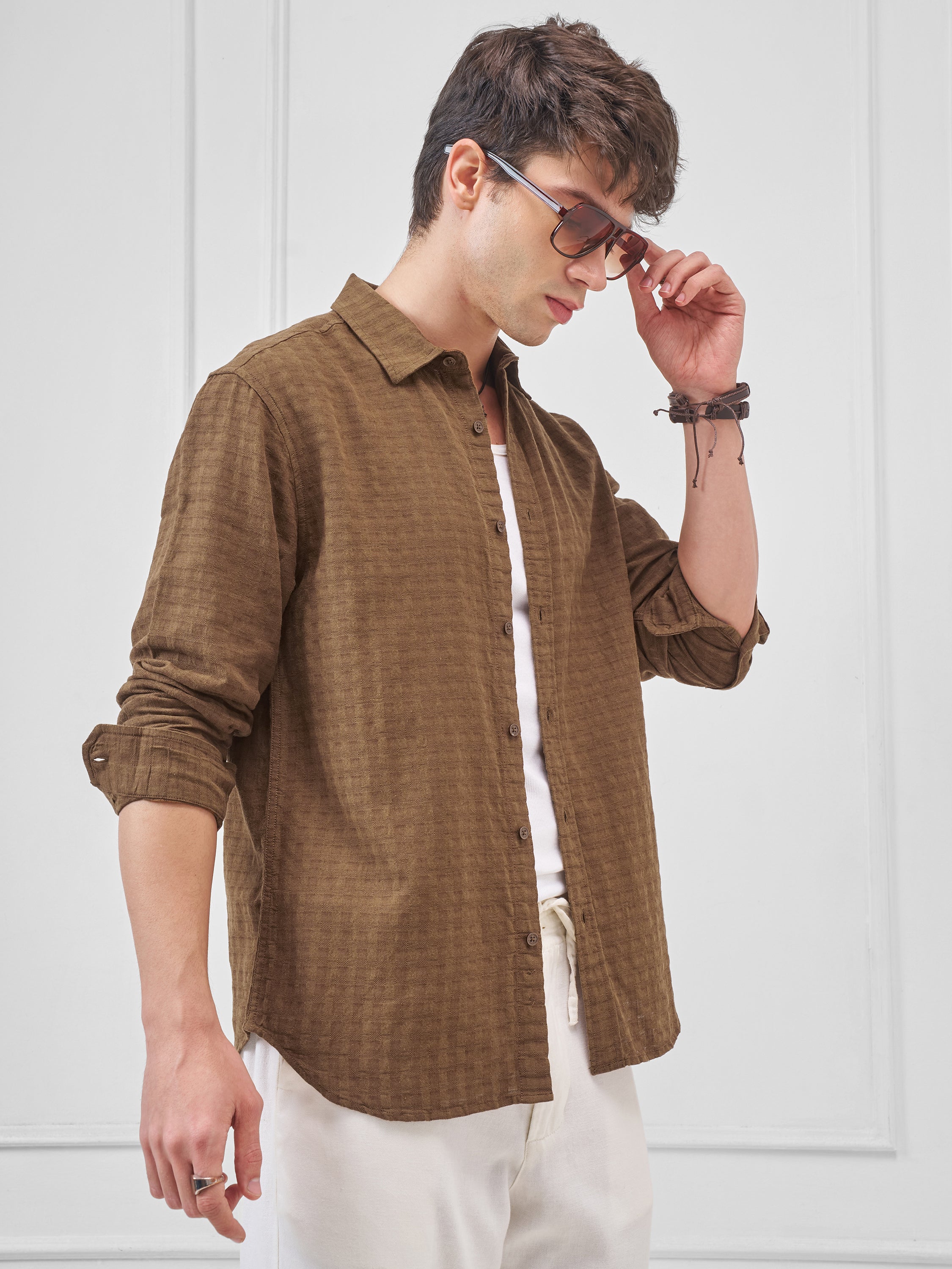 Highlander Men Brown Self Design Relaxed Fit Casual Shirt - Brown - Image 6