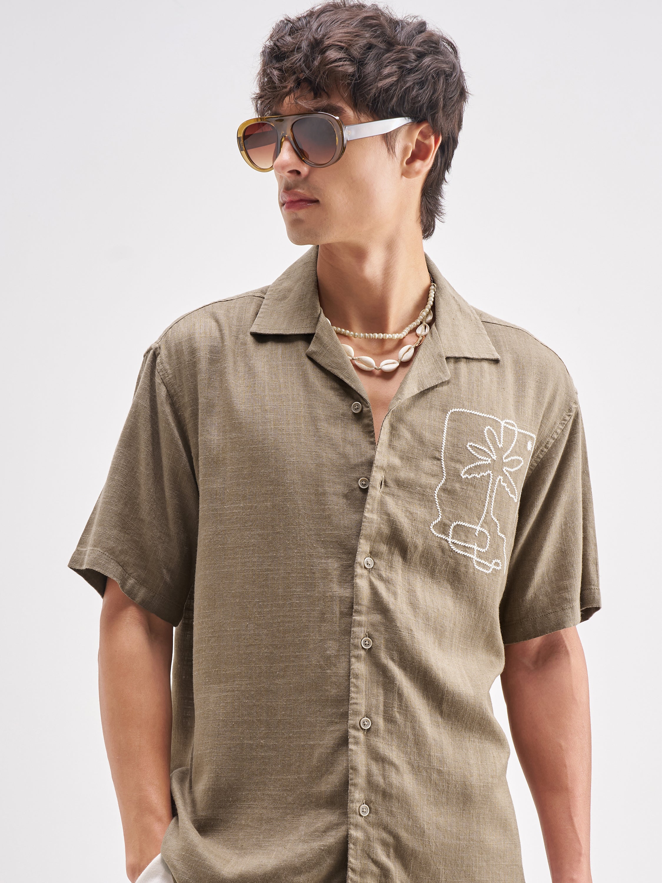 Highlander Men Tan Embroidered Relaxed Fit Casual Shirt - Tan - Image 1