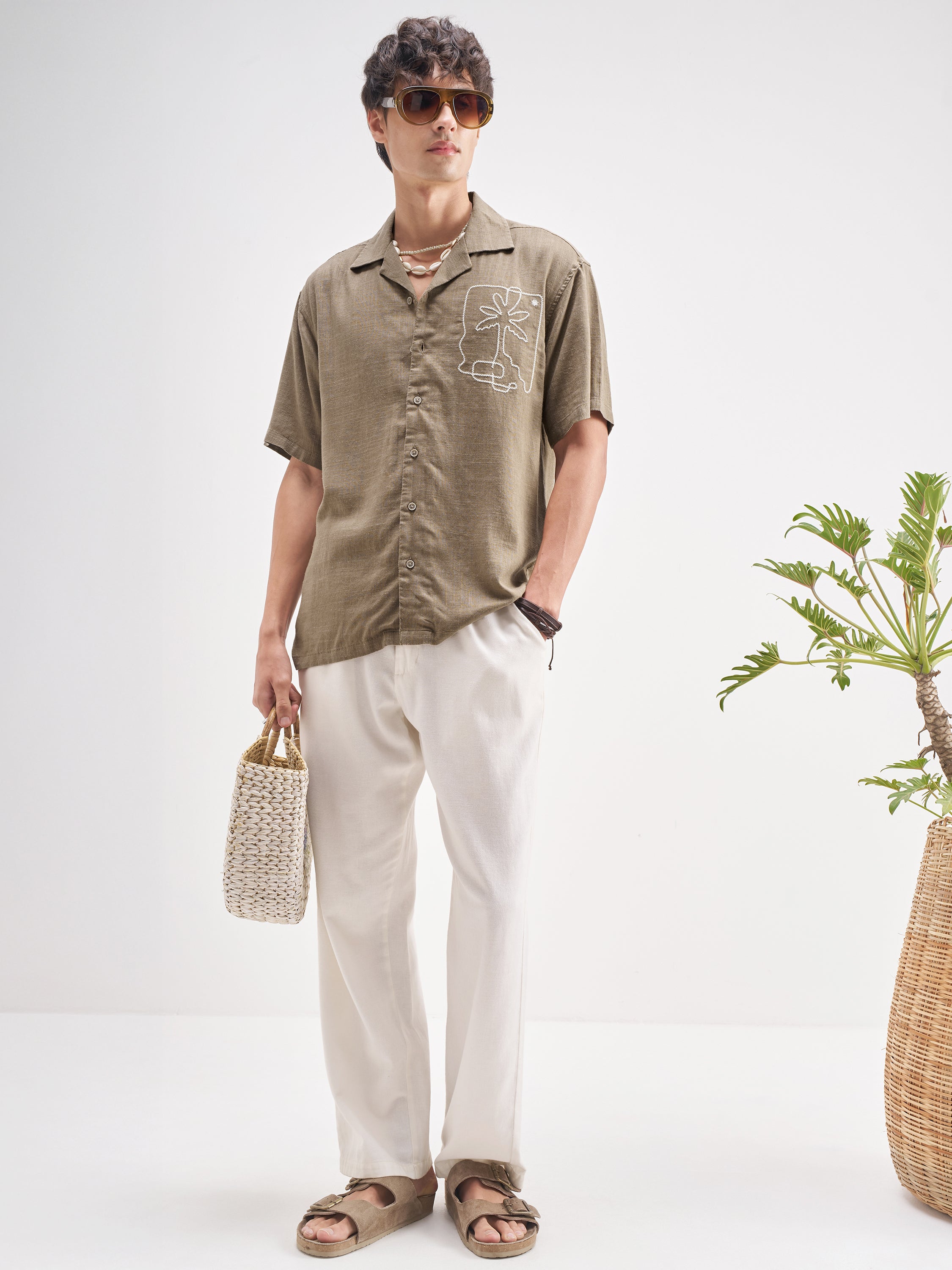 Highlander Men Tan Embroidered Relaxed Fit Casual Shirt - Tan - Image 2