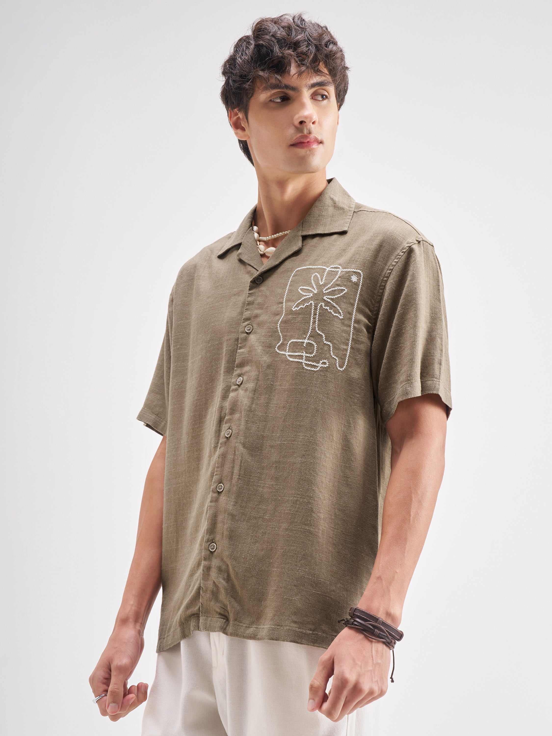 Highlander Men Tan Embroidered Relaxed Fit Casual Shirt - Tan - Image 4