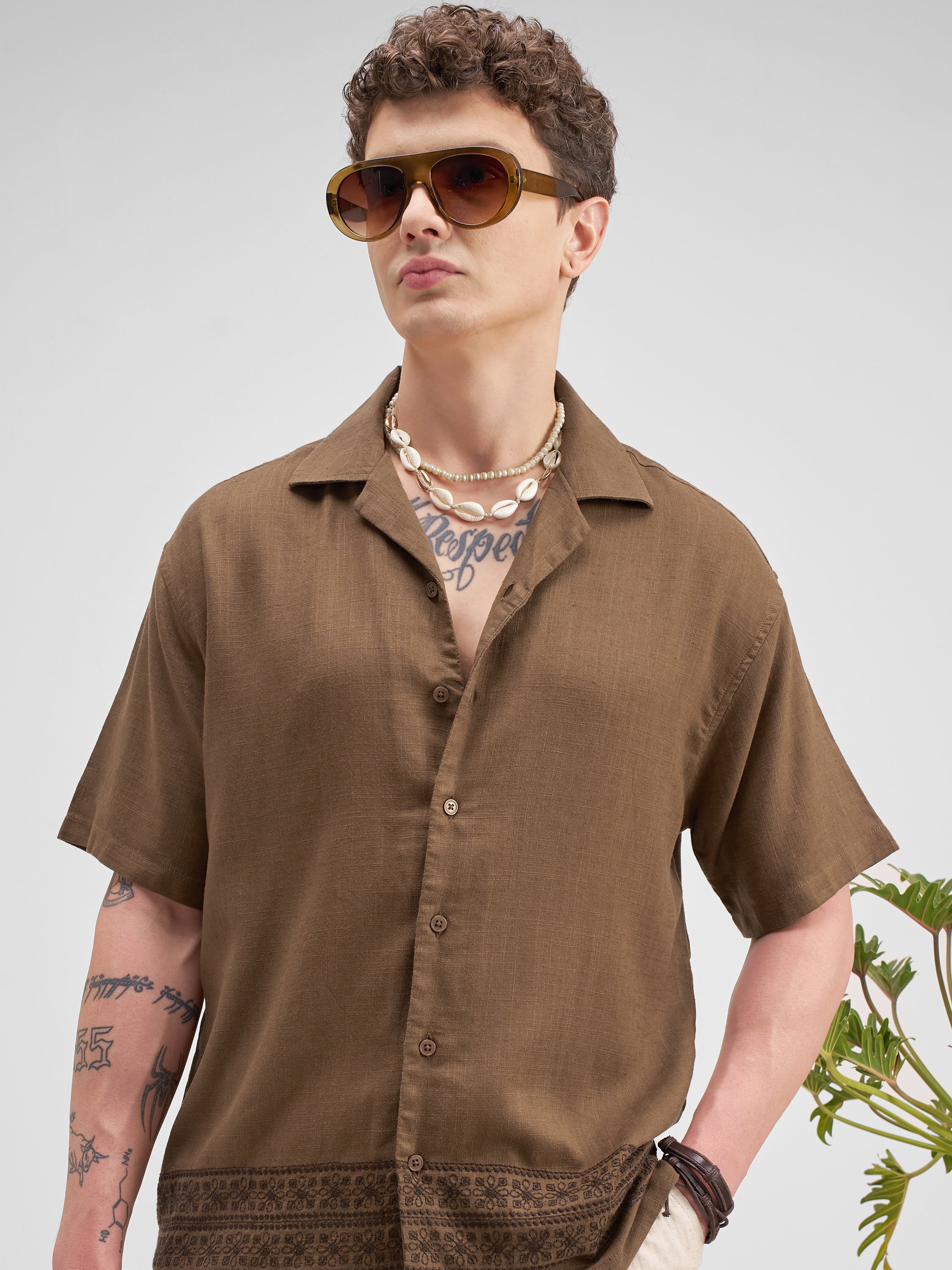 Highlander Men Brown Embroidered Relaxed Fit Casual Shirt - Brown - Image 1