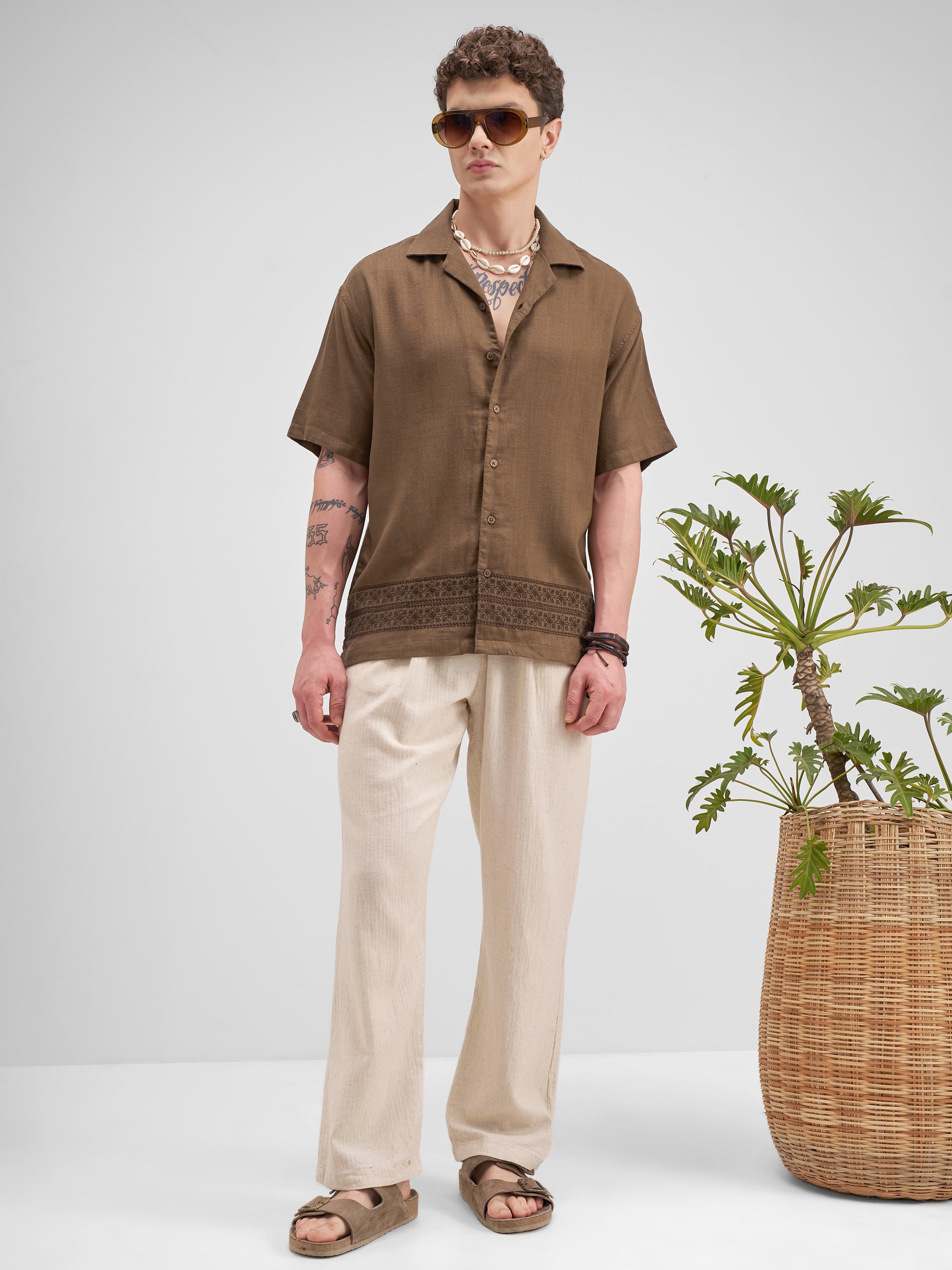 Highlander Men Brown Embroidered Relaxed Fit Casual Shirt - Brown - Image 2