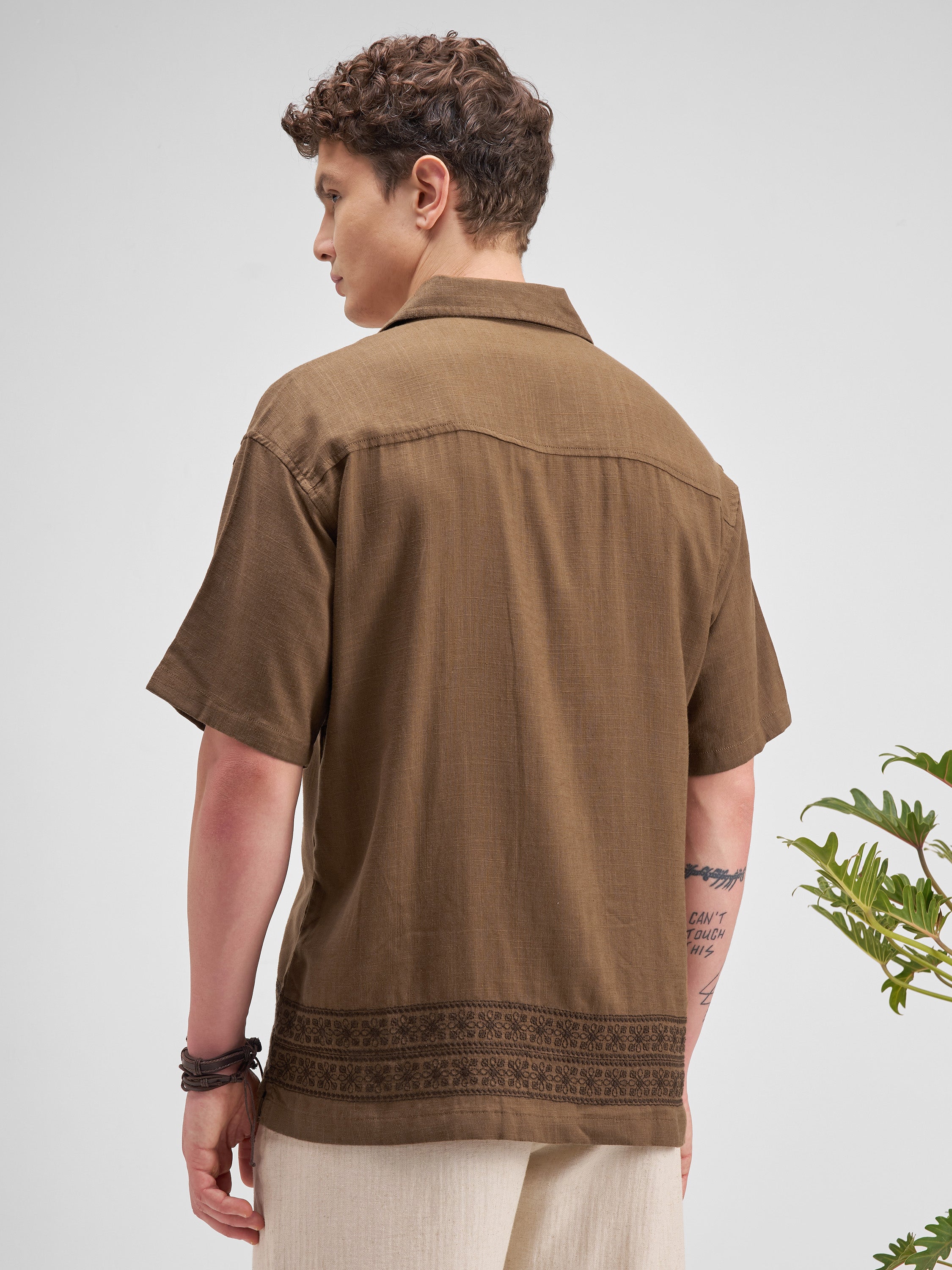 Highlander Men Brown Embroidered Relaxed Fit Casual Shirt - Brown - Image 3