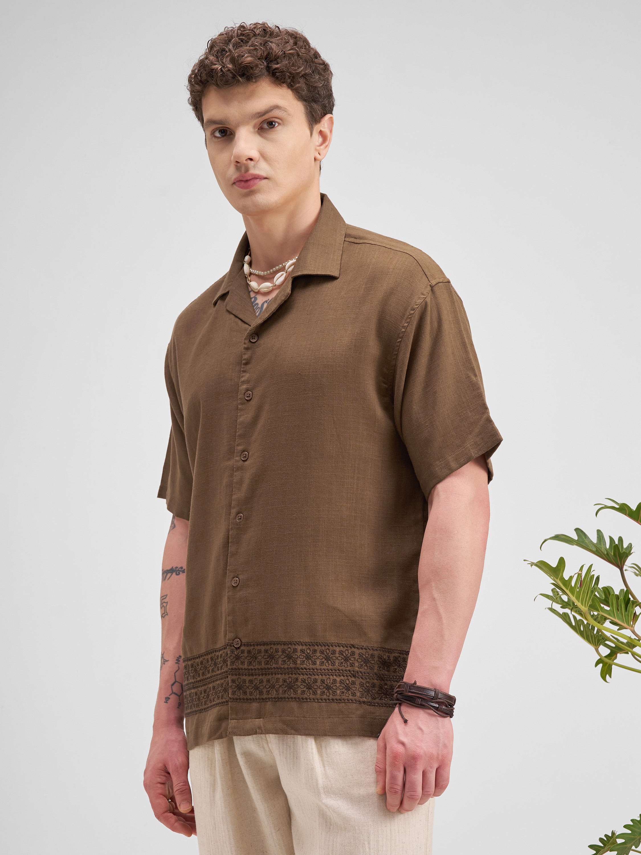 Highlander Men Brown Embroidered Relaxed Fit Casual Shirt - Brown - Image 4