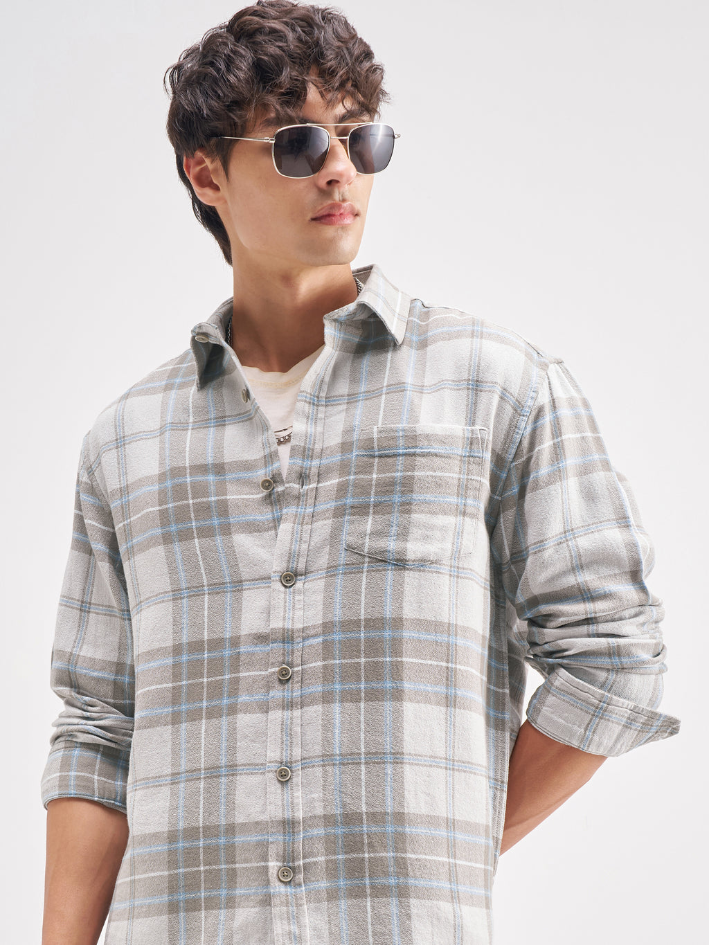 Highlander Men Grey Checked Relaxed Fit Casual Shirt - Grey - Image 1