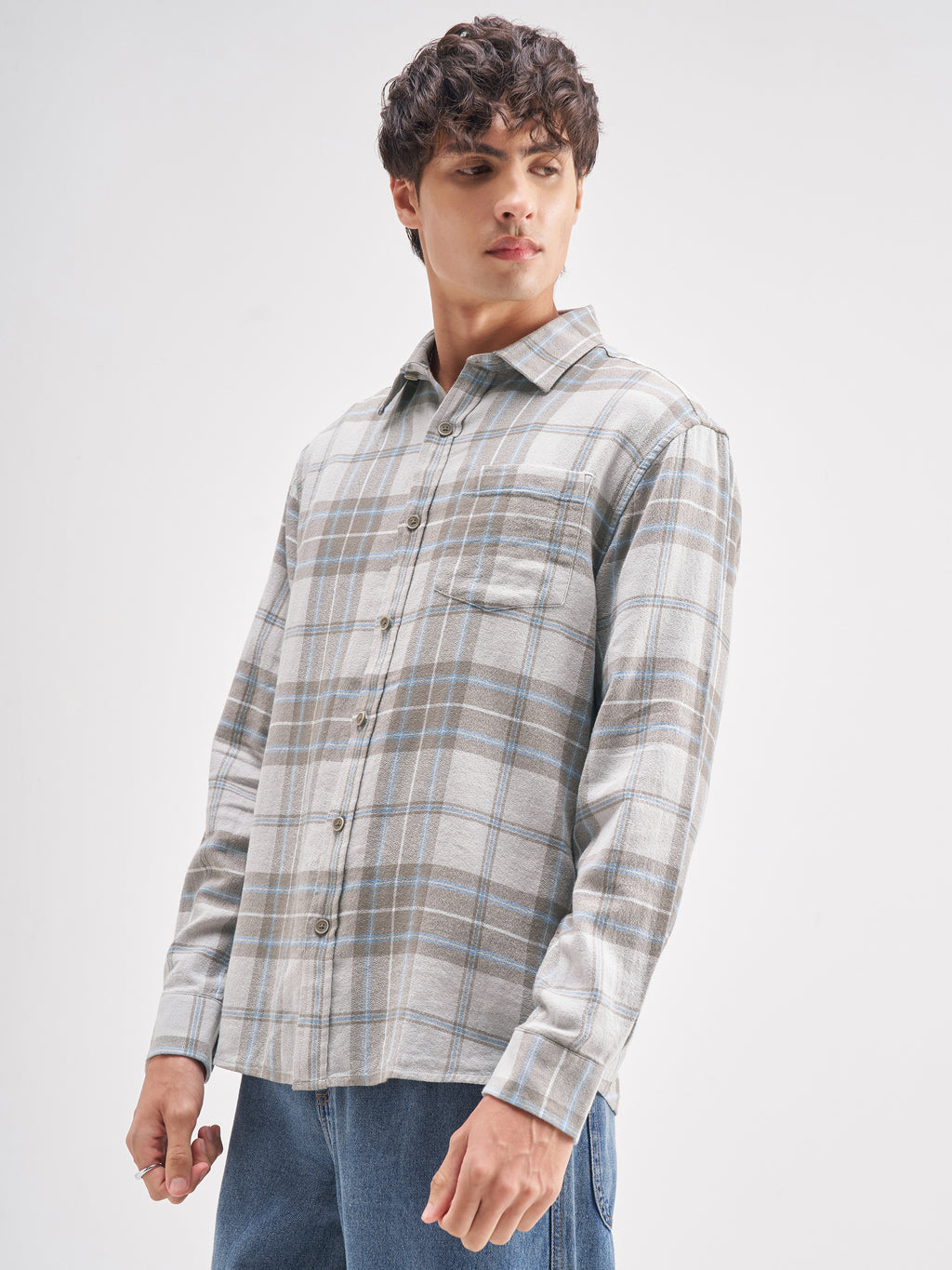 Highlander Men Grey Checked Relaxed Fit Casual Shirt - Grey - Image 4