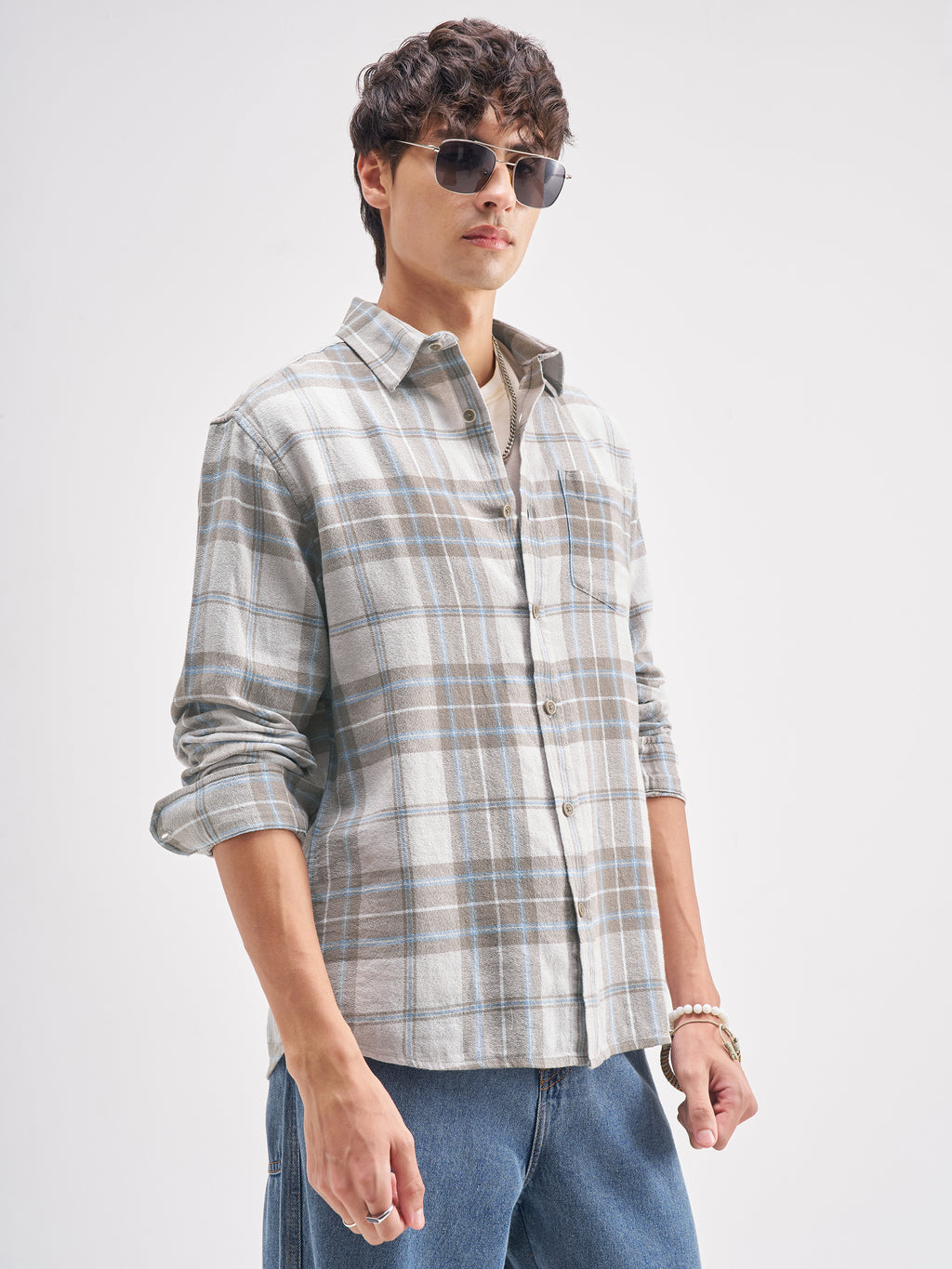 Highlander Men Grey Checked Relaxed Fit Casual Shirt - Grey - Image 6