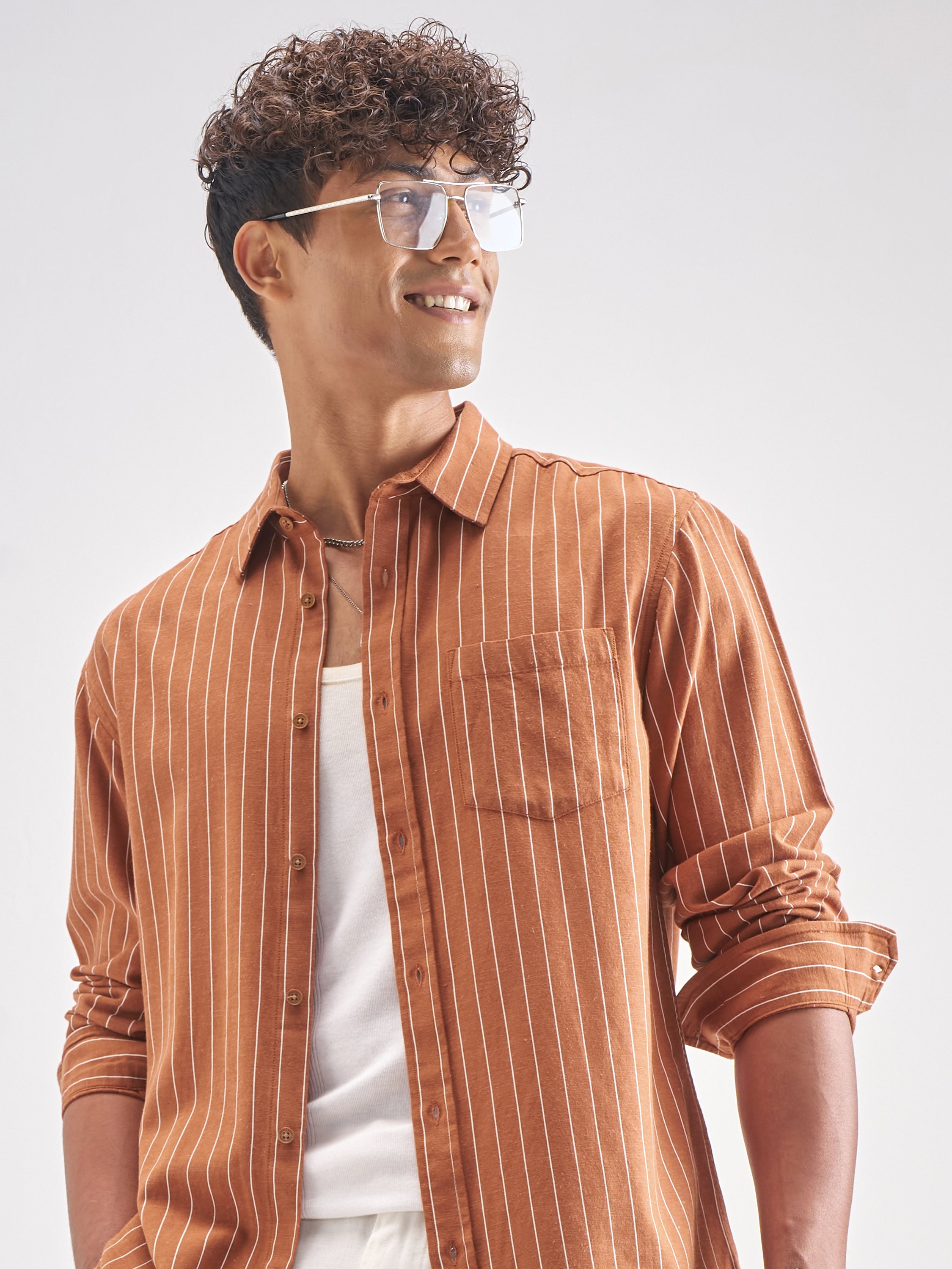 Highlander Men Rust Striped Regular Fit Casual Shirt - Rust - Image 1