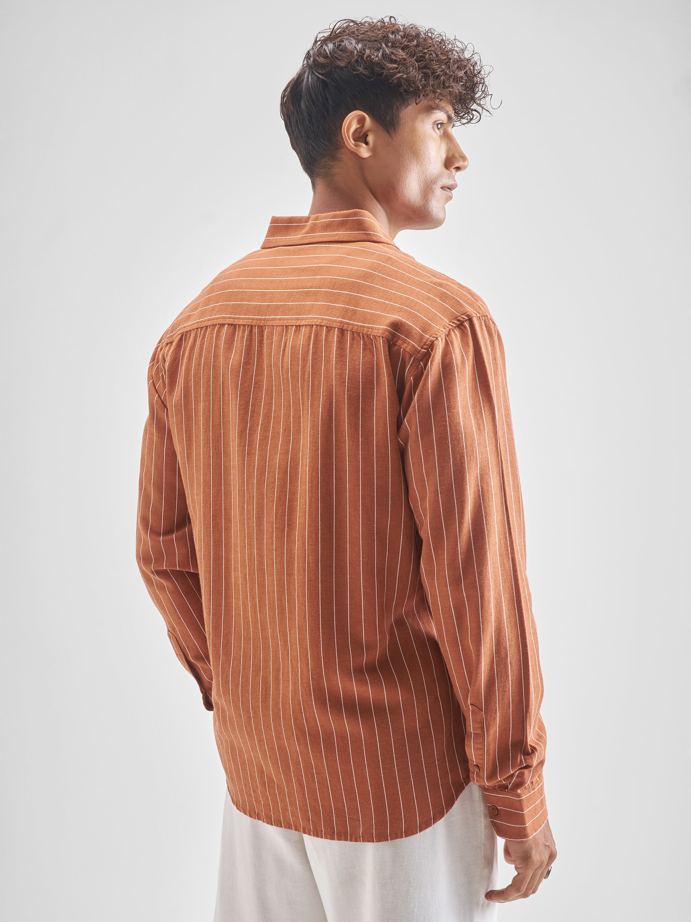 Highlander Men Rust Striped Regular Fit Casual Shirt - Rust - Image 3