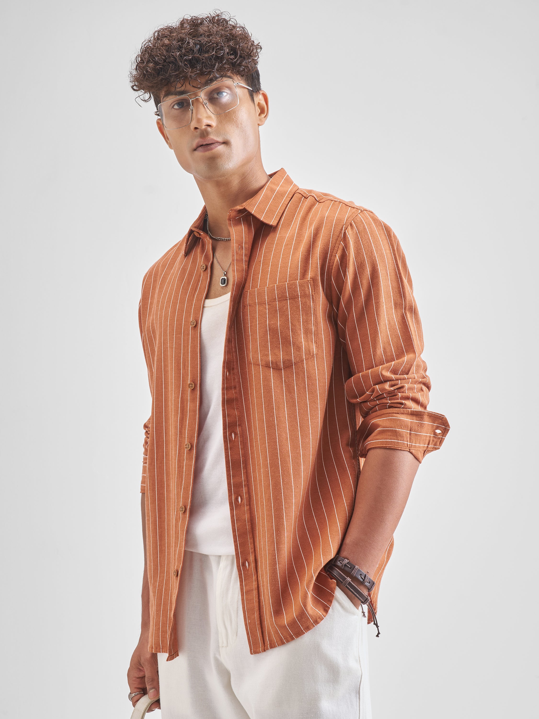 Highlander Men Rust Striped Regular Fit Casual Shirt - Rust - Image 4