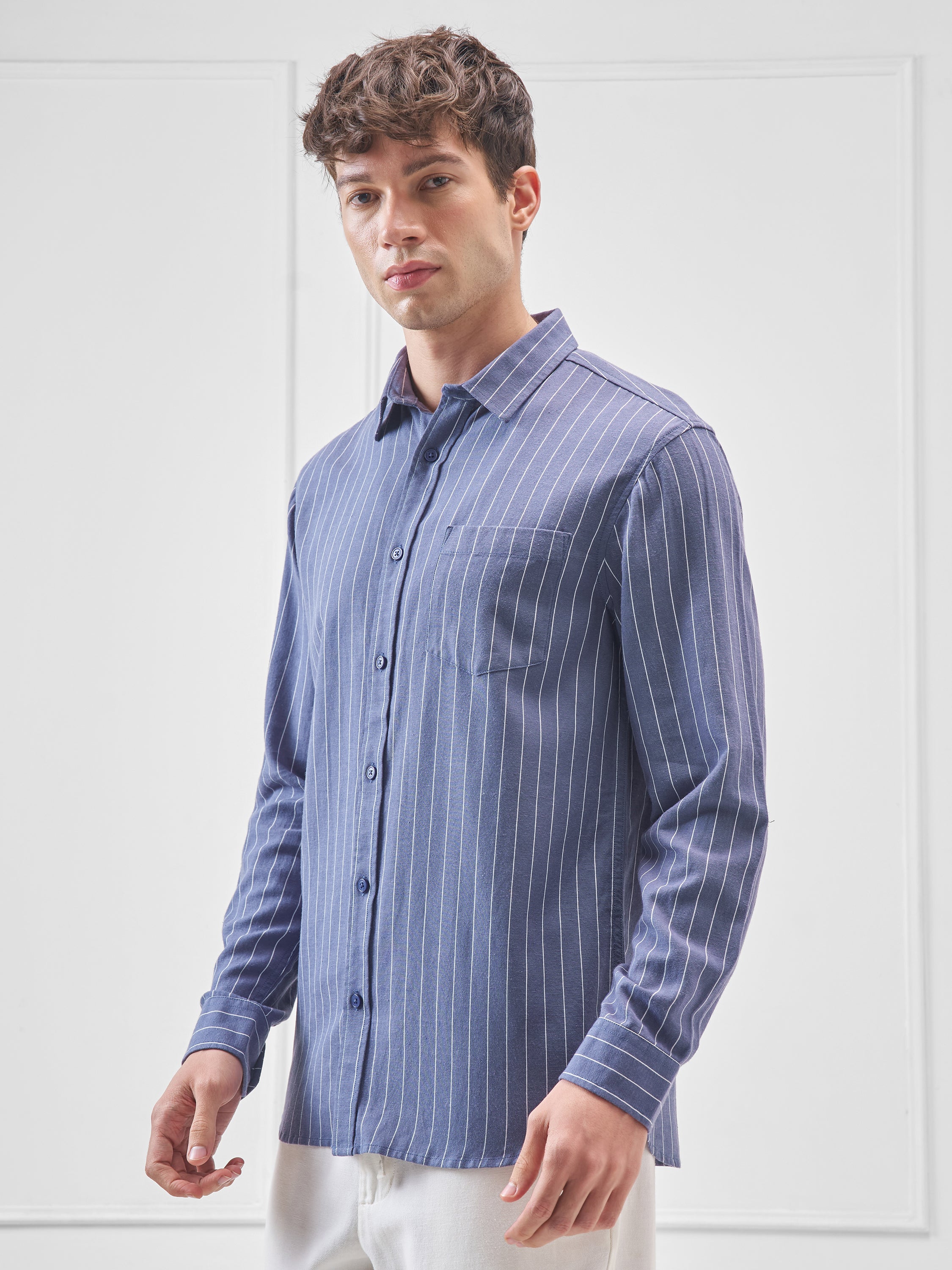 Highlander Men Blue Striped Regular Fit Casual Shirt - Blue - Image 4