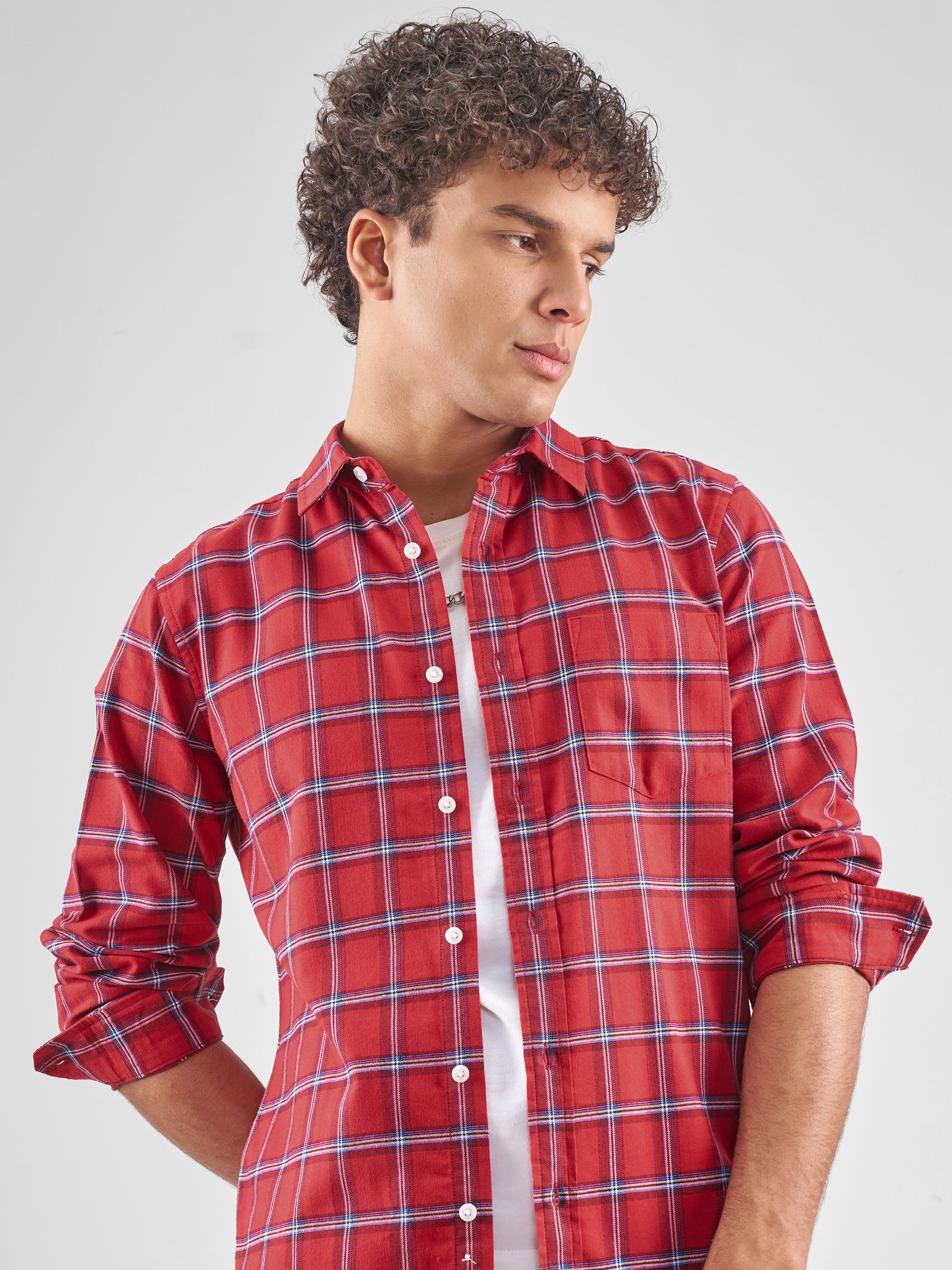 Highlander Men Red Checked Slim Fit Casual Shirt - Red - Image 1