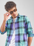 Highlander Men Blue Checked Slim Fit Casual Shirt - Blue - Image 1
