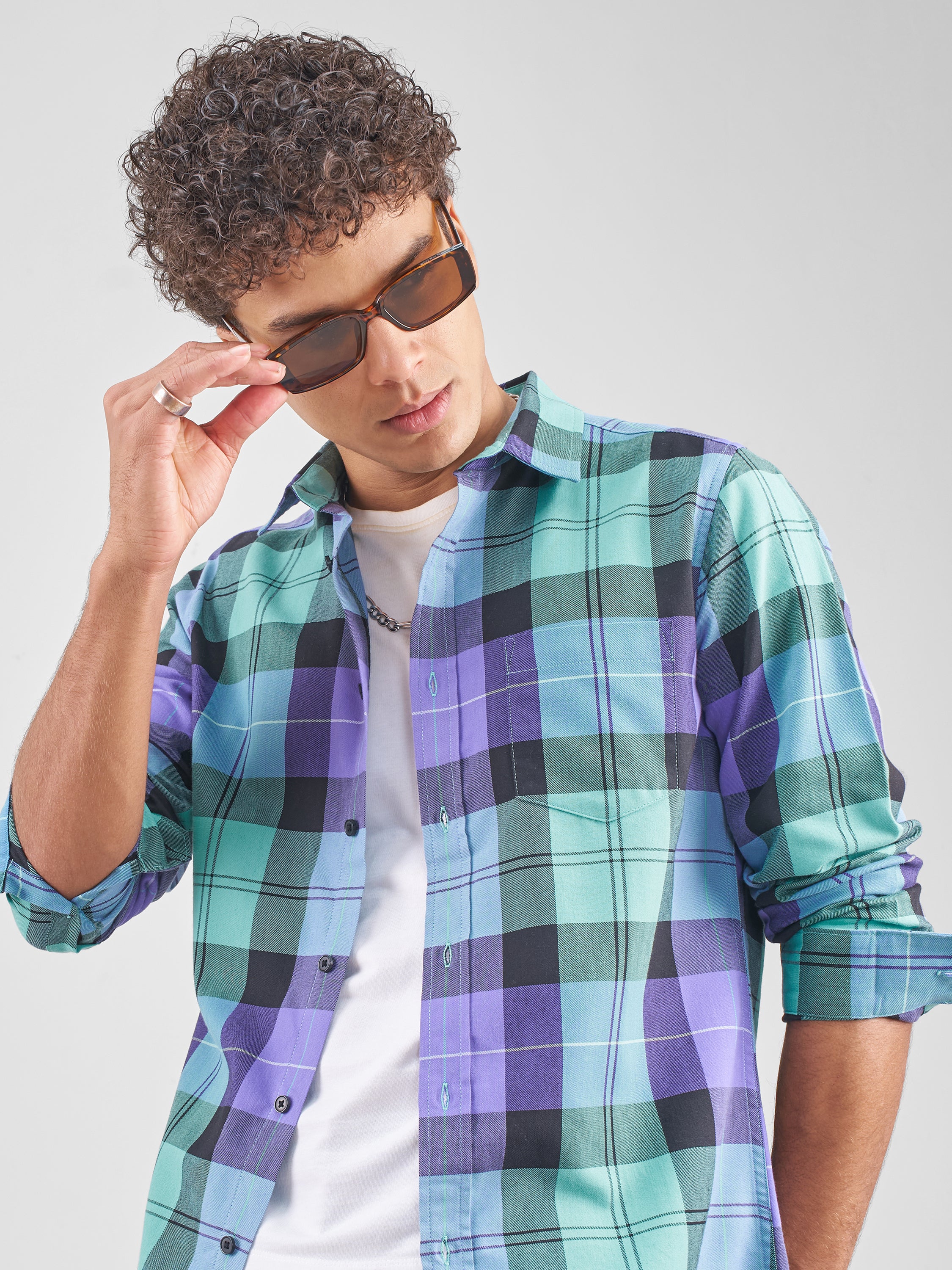 Highlander Men Blue Checked Slim Fit Casual Shirt - Blue - Image 1