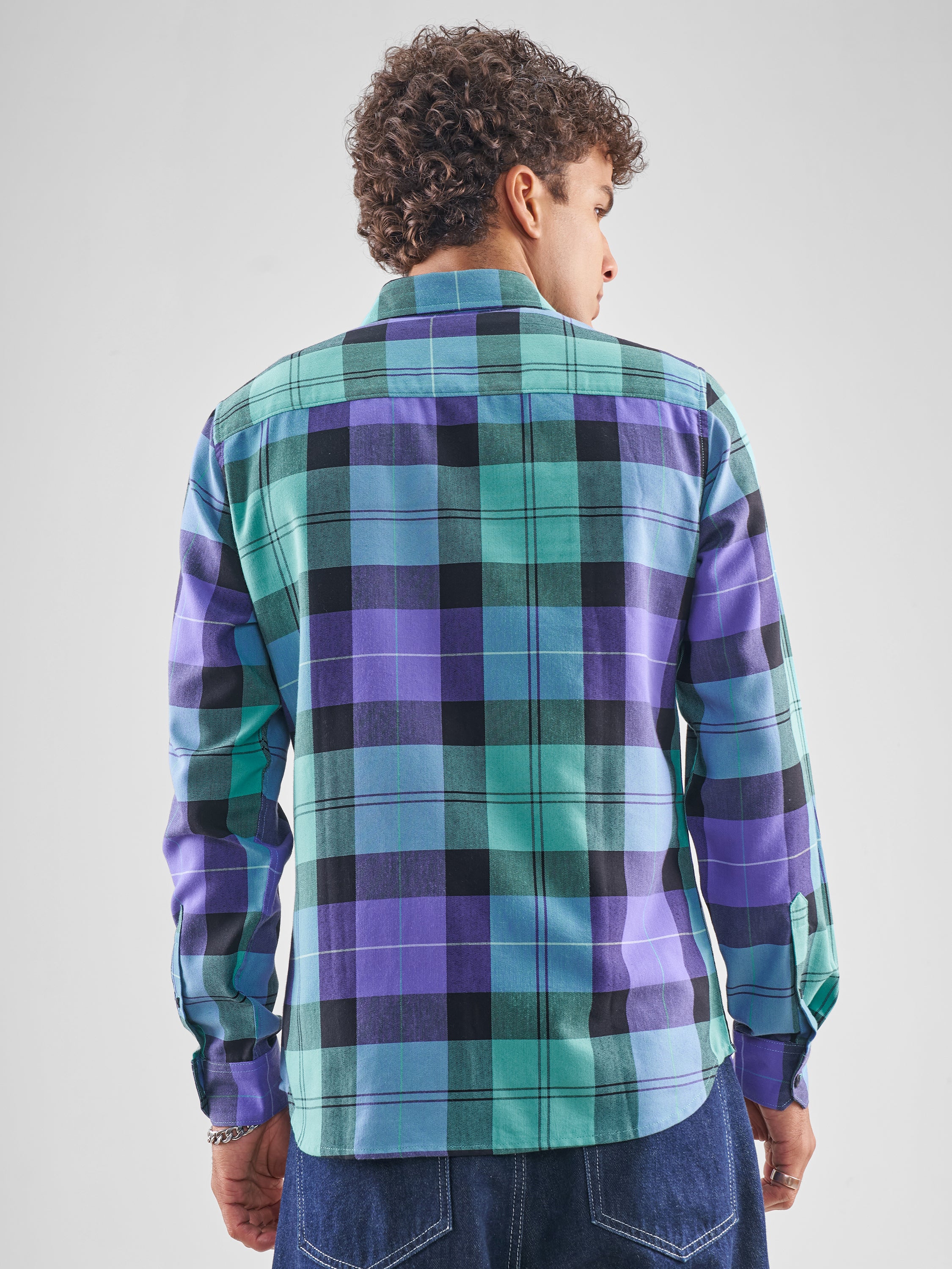 Highlander Men Blue Checked Slim Fit Casual Shirt - Blue - Image 3