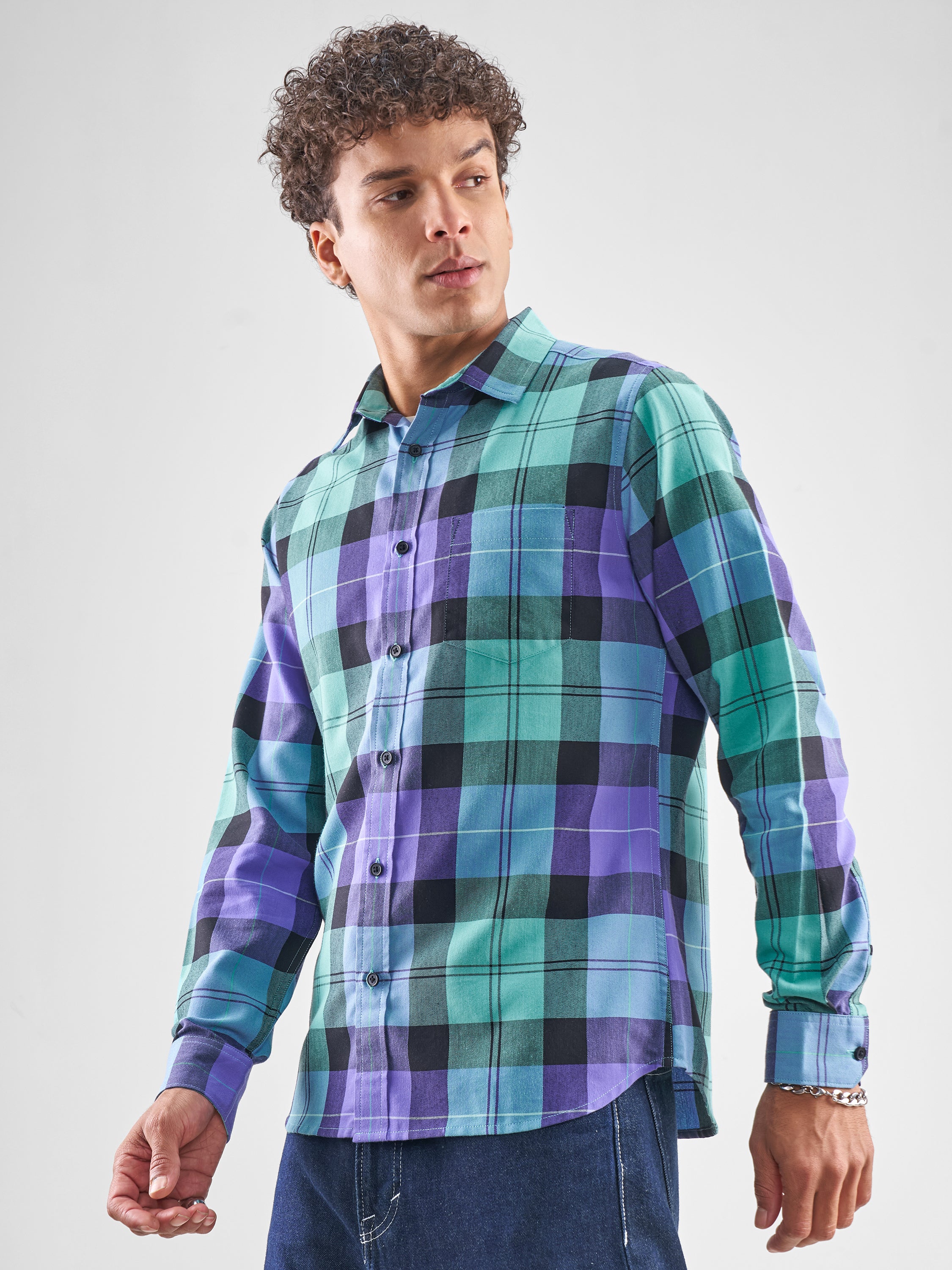 Highlander Men Blue Checked Slim Fit Casual Shirt - Blue - Image 4