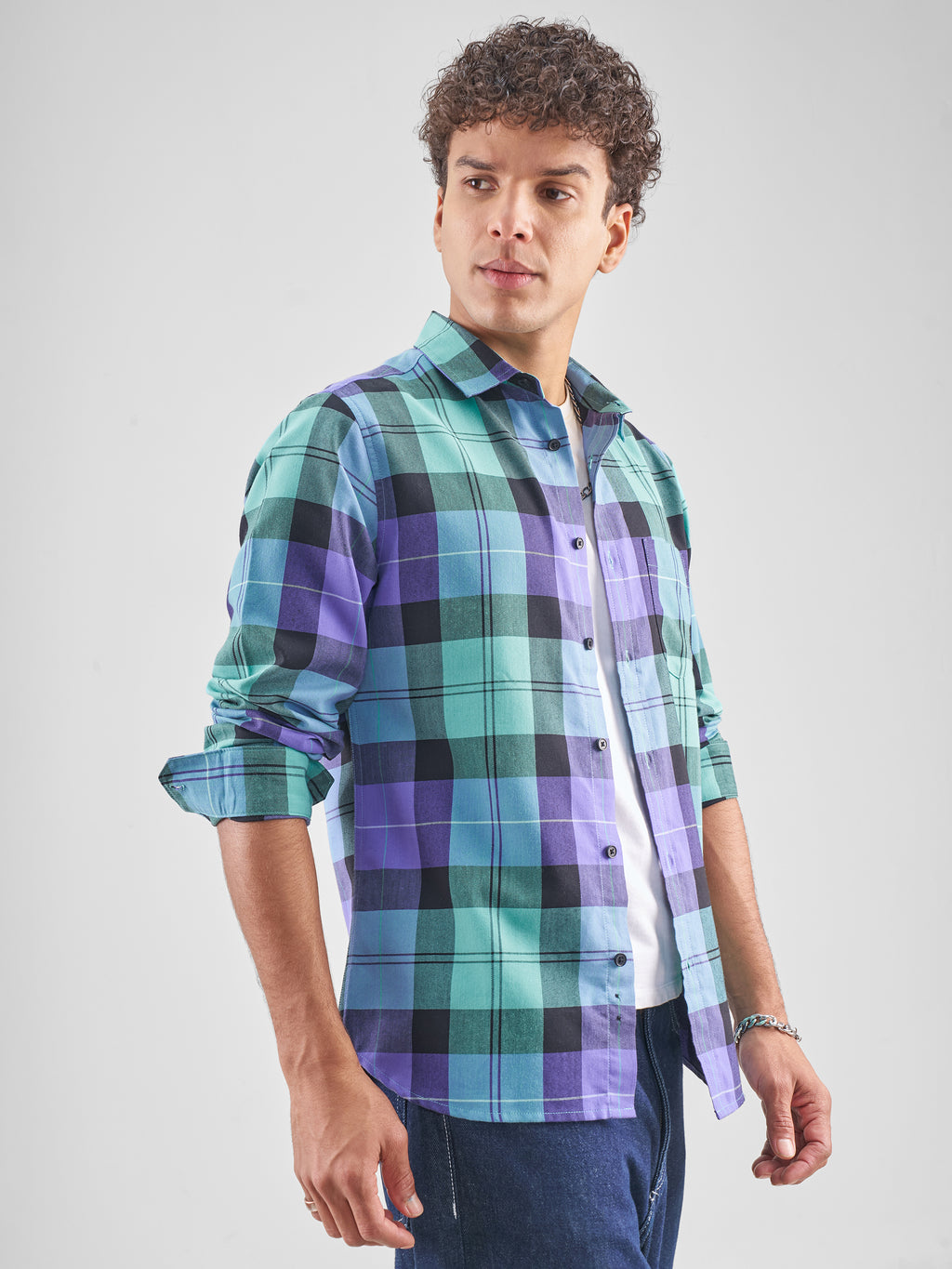 Highlander Men Blue Checked Slim Fit Casual Shirt - Blue - Image 6