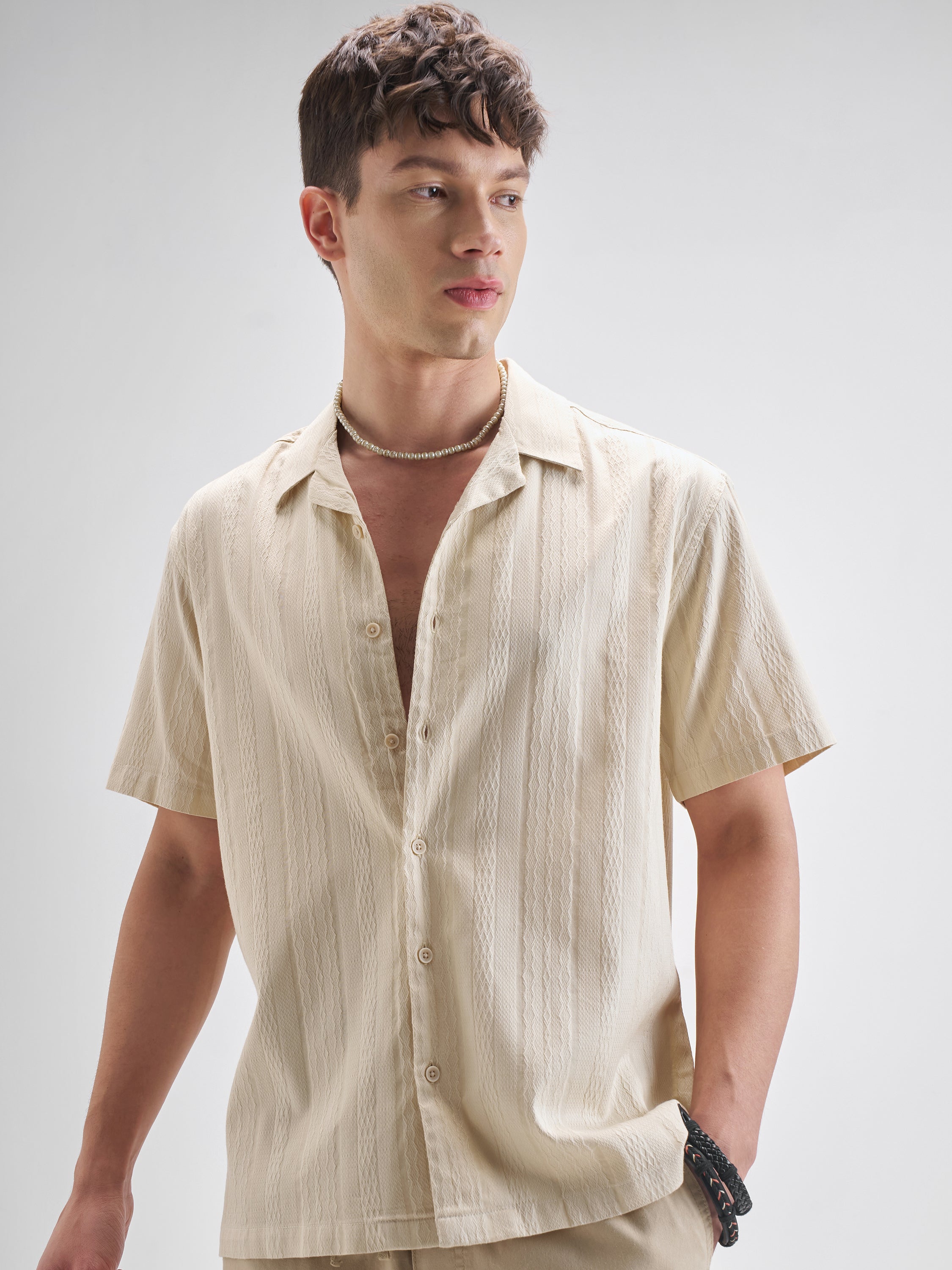Highlander Men Cream Self Design Relaxed Fit Casual Shirt - Cream - Image 1