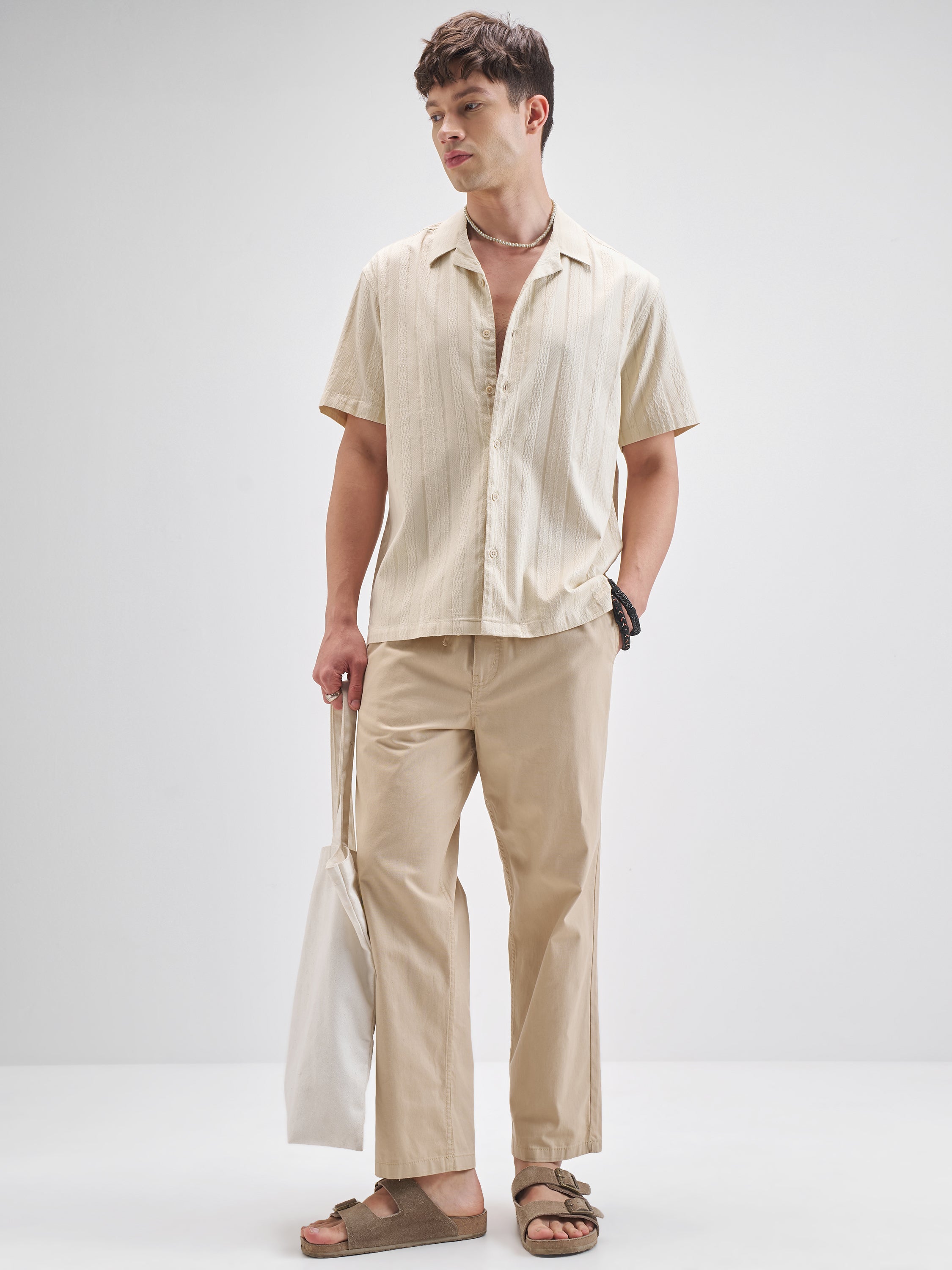 Highlander Men Cream Self Design Relaxed Fit Casual Shirt - Cream - Image 2
