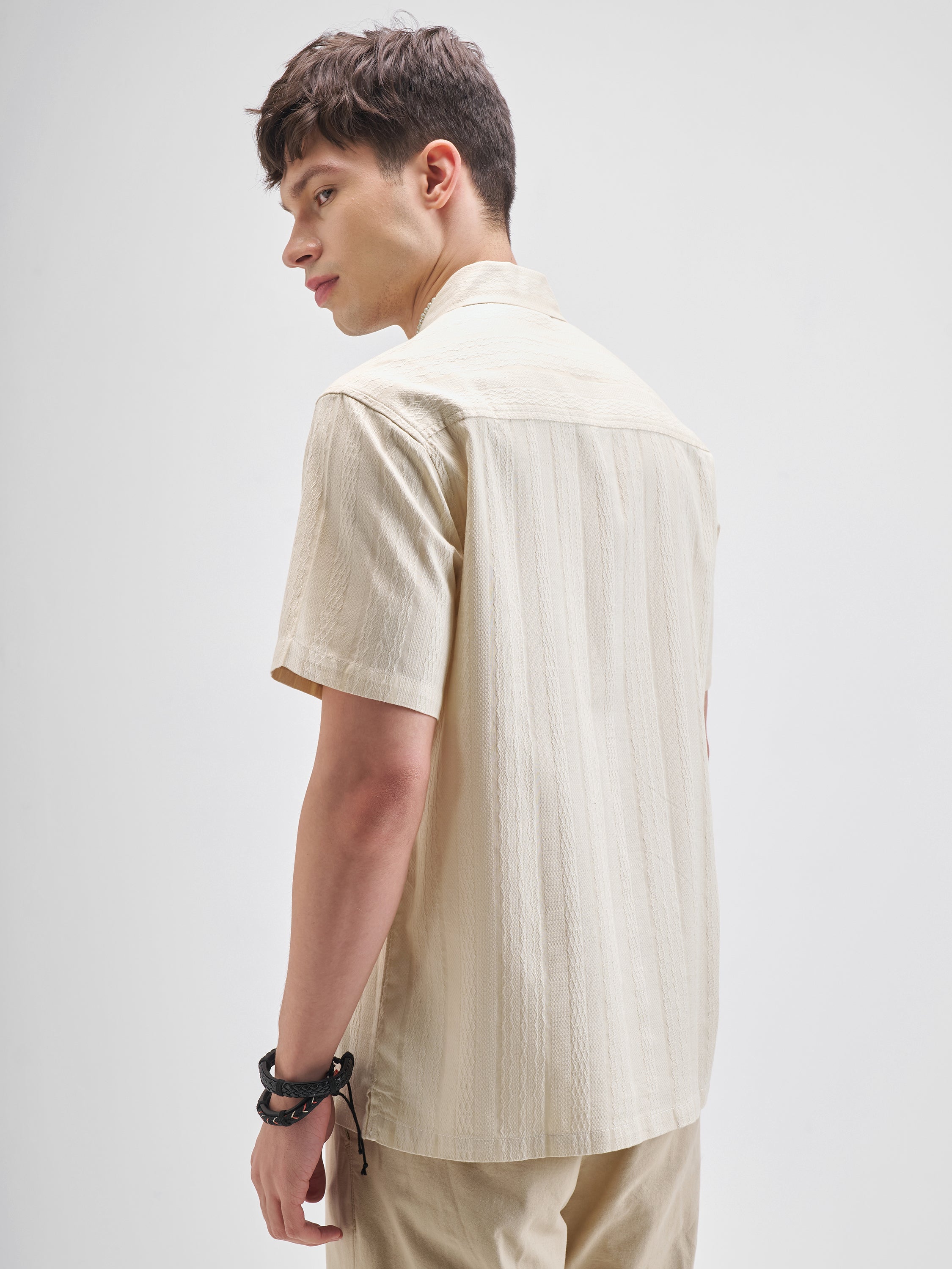 Highlander Men Cream Self Design Relaxed Fit Casual Shirt - Cream - Image 3