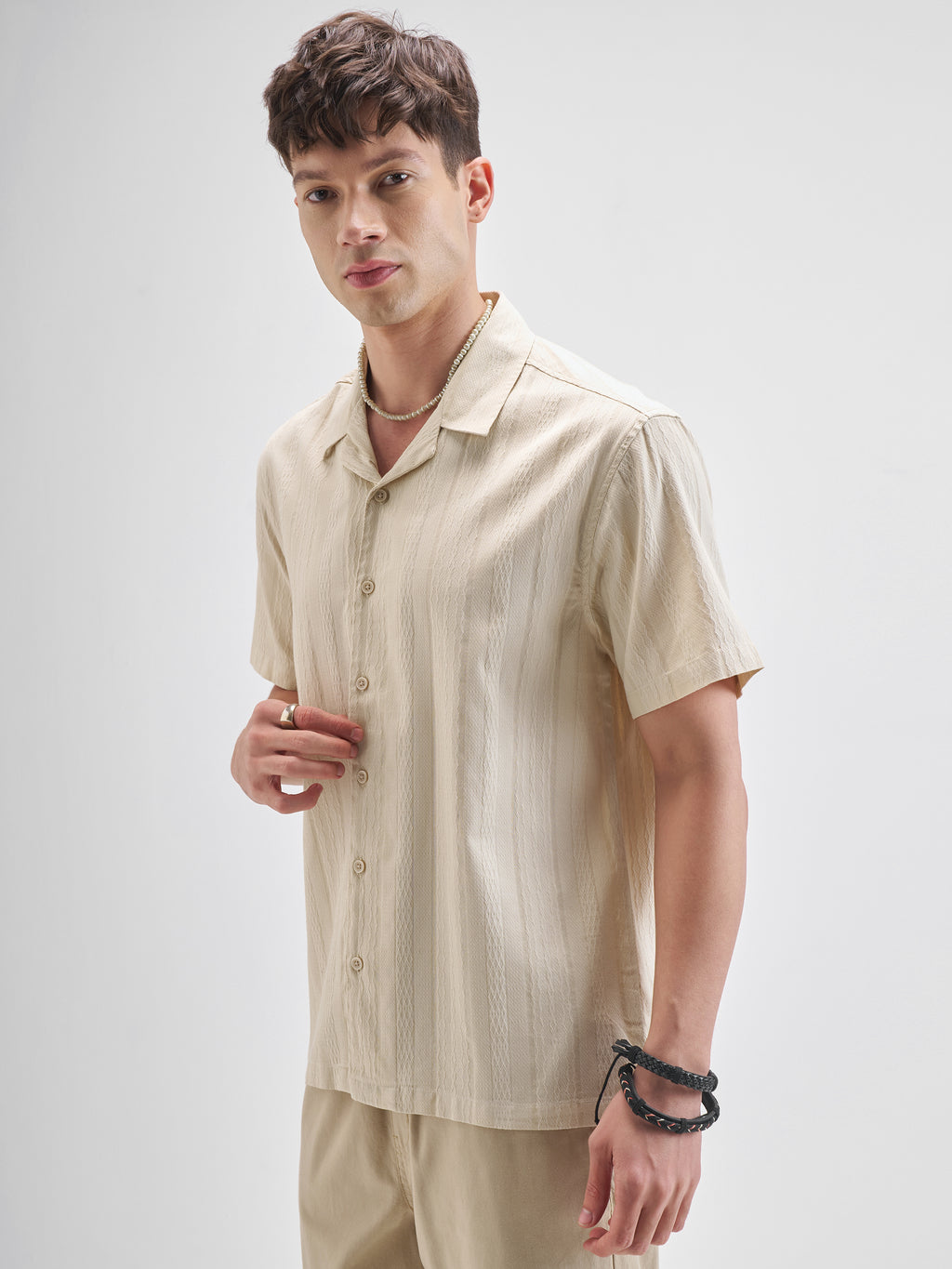 Highlander Men Cream Self Design Relaxed Fit Casual Shirt - Cream - Image 4