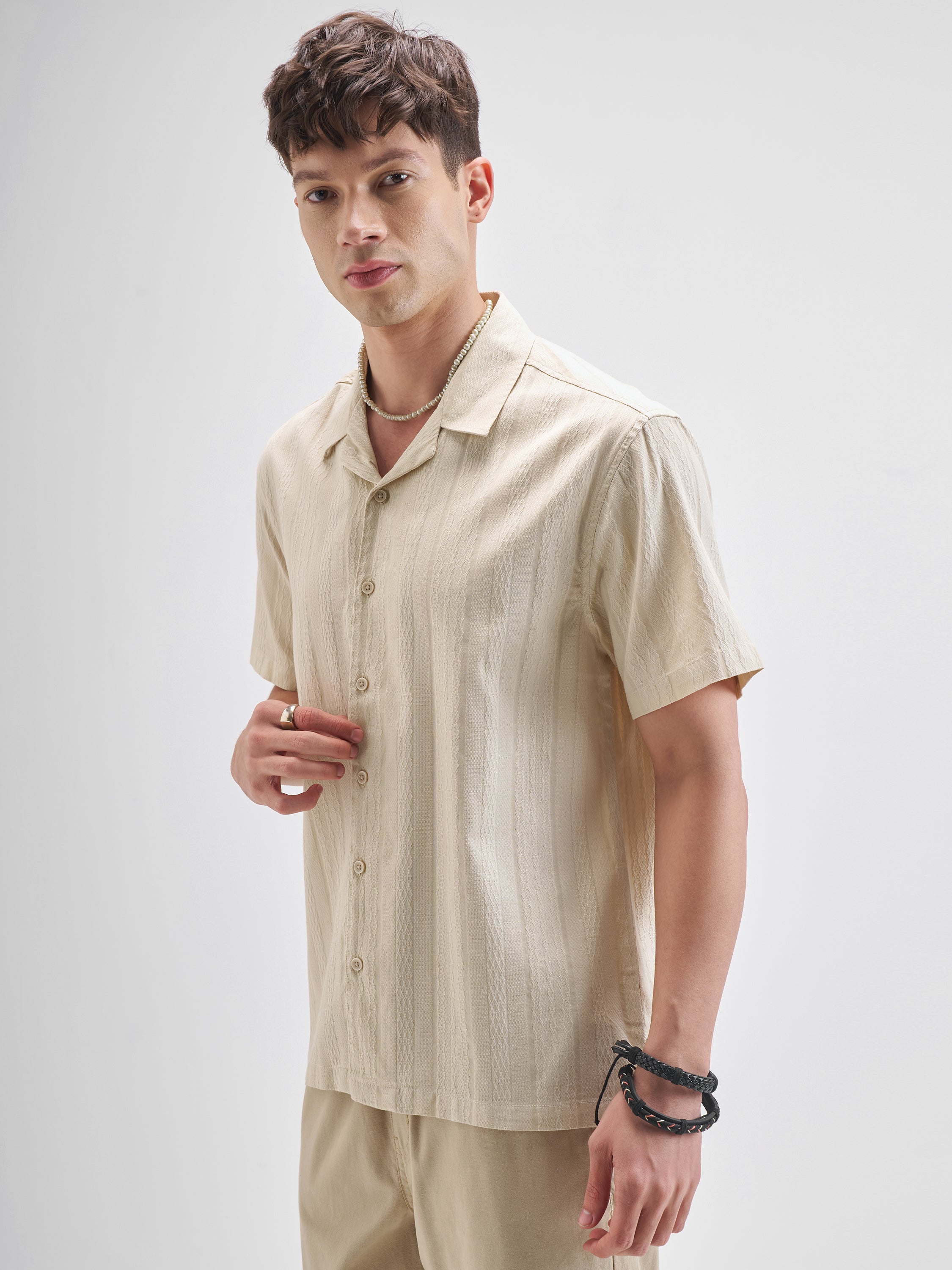 Highlander Men Cream Self Design Relaxed Fit Casual Shirt - Cream - Image 4