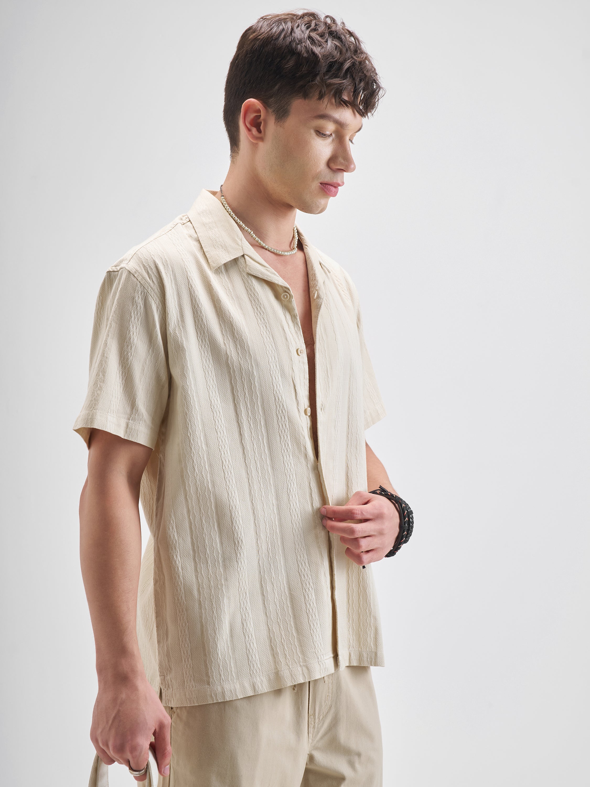 Highlander Men Cream Self Design Relaxed Fit Casual Shirt - Cream - Image 6