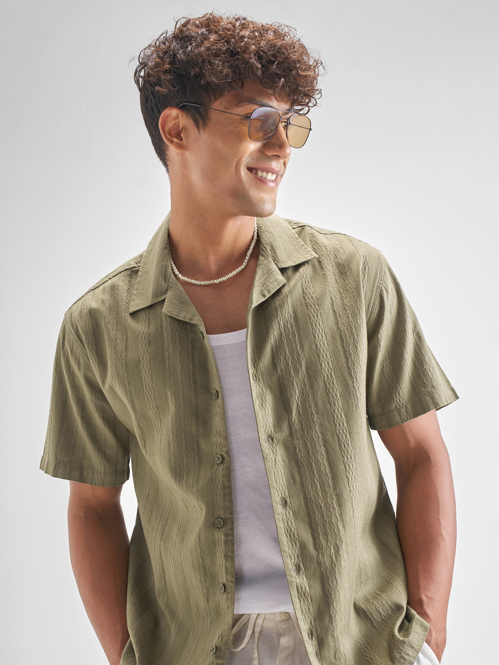 Highlander Men Olive Self Design Relaxed Fit Casual Shirt - Olive - Image 1