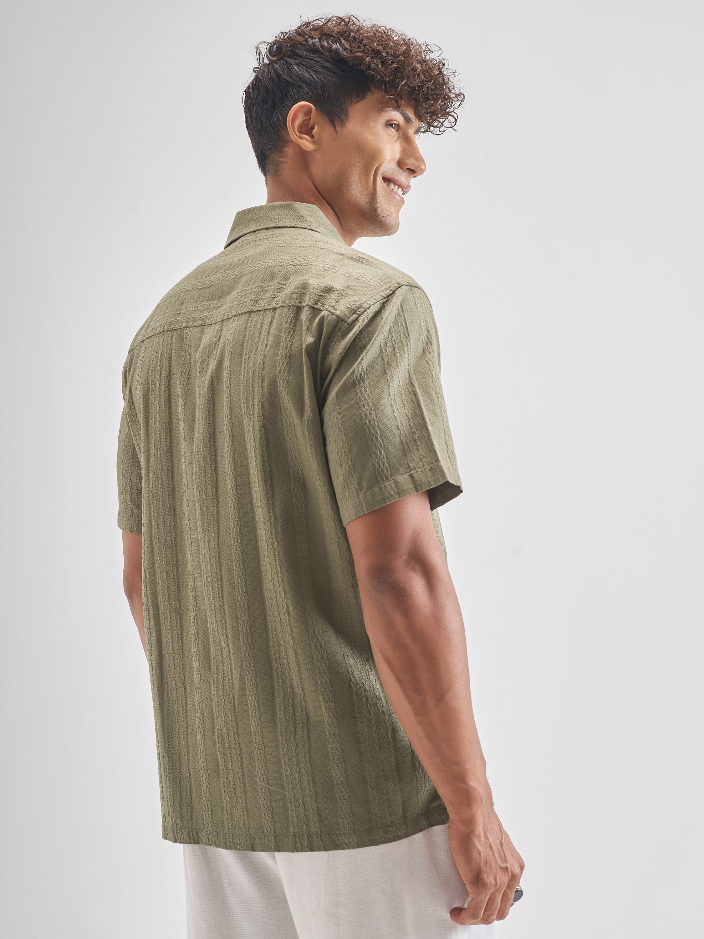 Highlander Men Olive Self Design Relaxed Fit Casual Shirt - Olive - Image 3