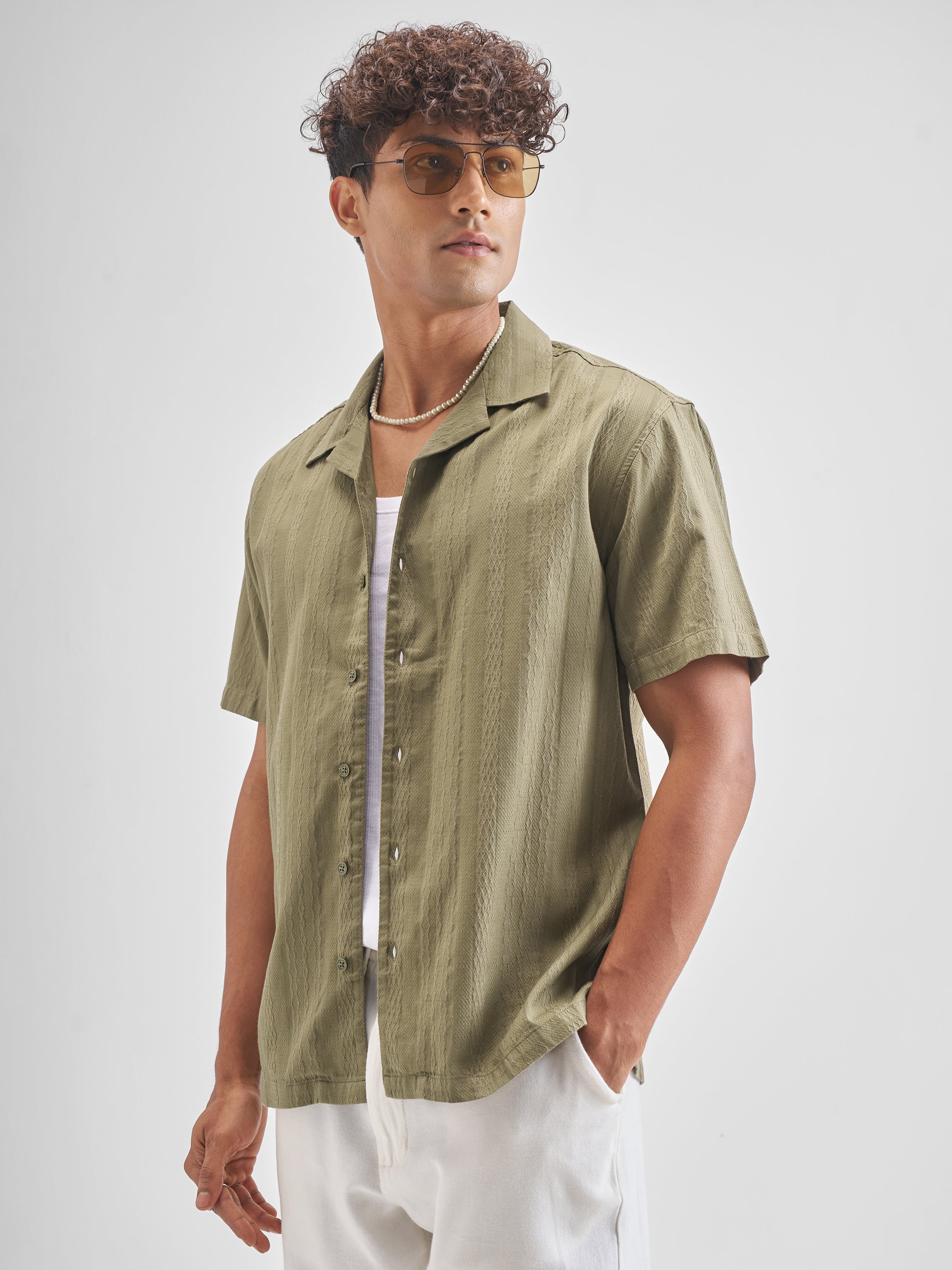 Highlander Men Olive Self Design Relaxed Fit Casual Shirt - Olive - Image 4