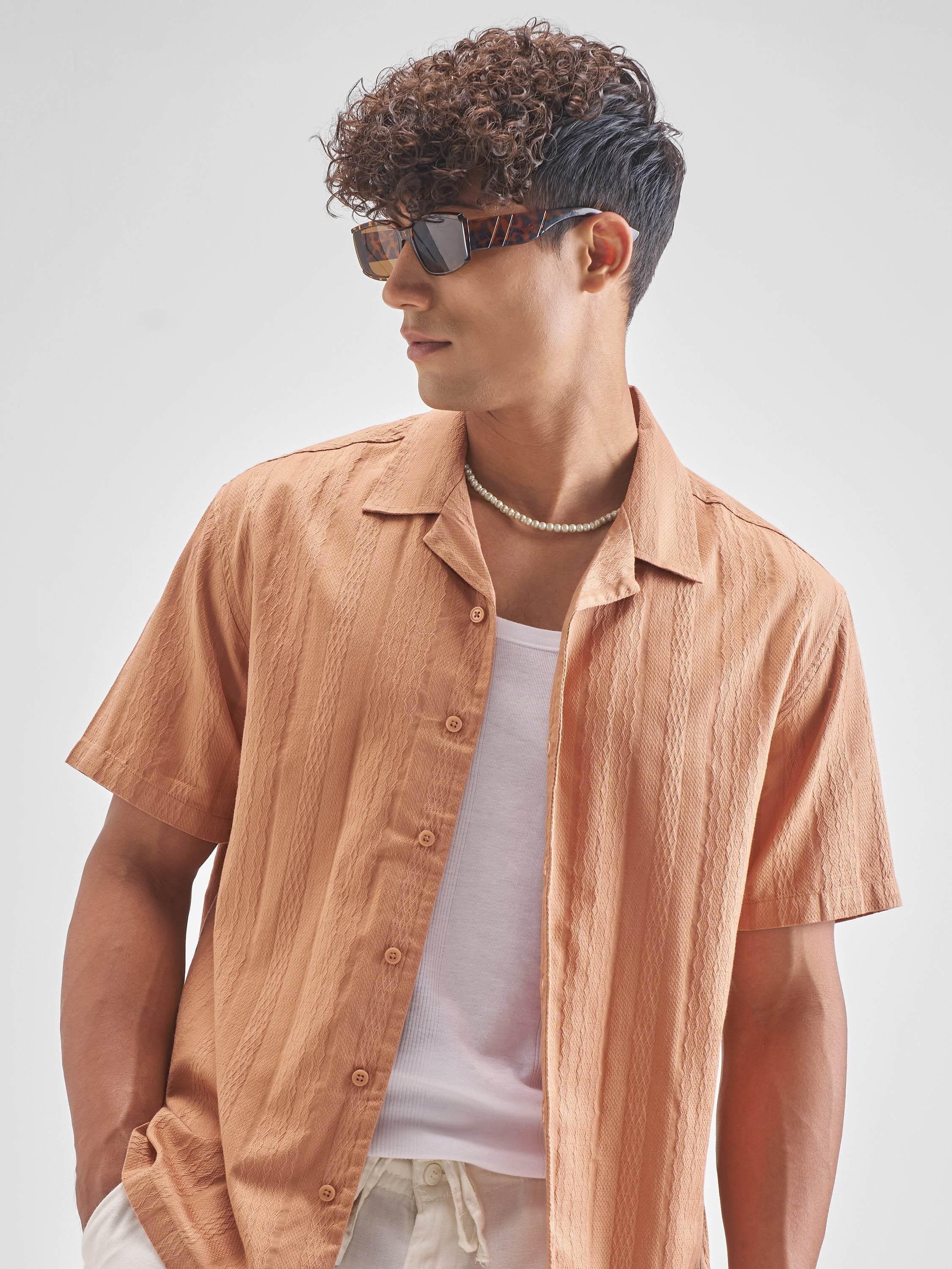 Highlander Men Peach Self Design Relaxed Fit Casual Shirt - Peach - Image 1