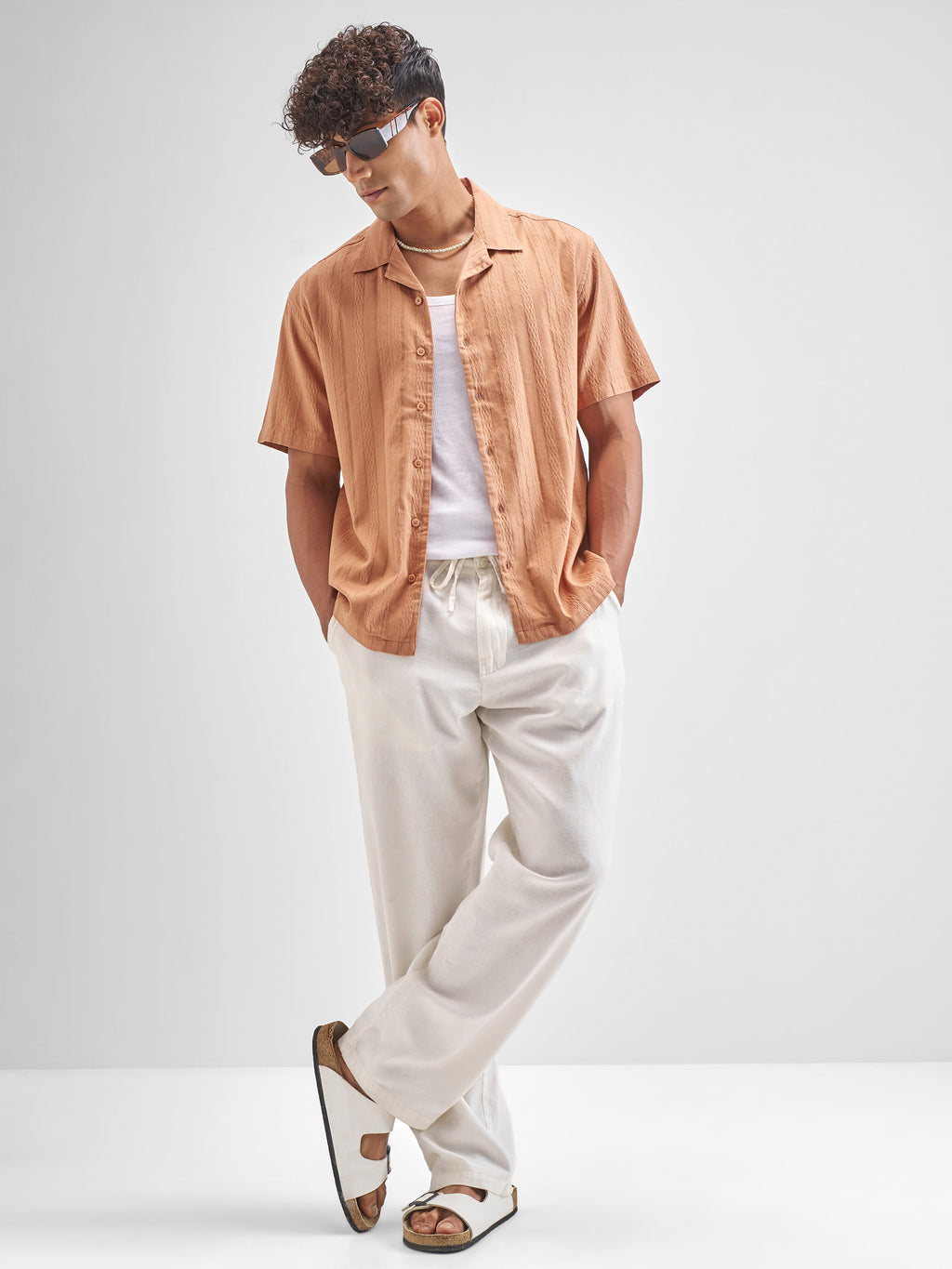 Highlander Men Peach Self Design Relaxed Fit Casual Shirt - Peach - Image 2