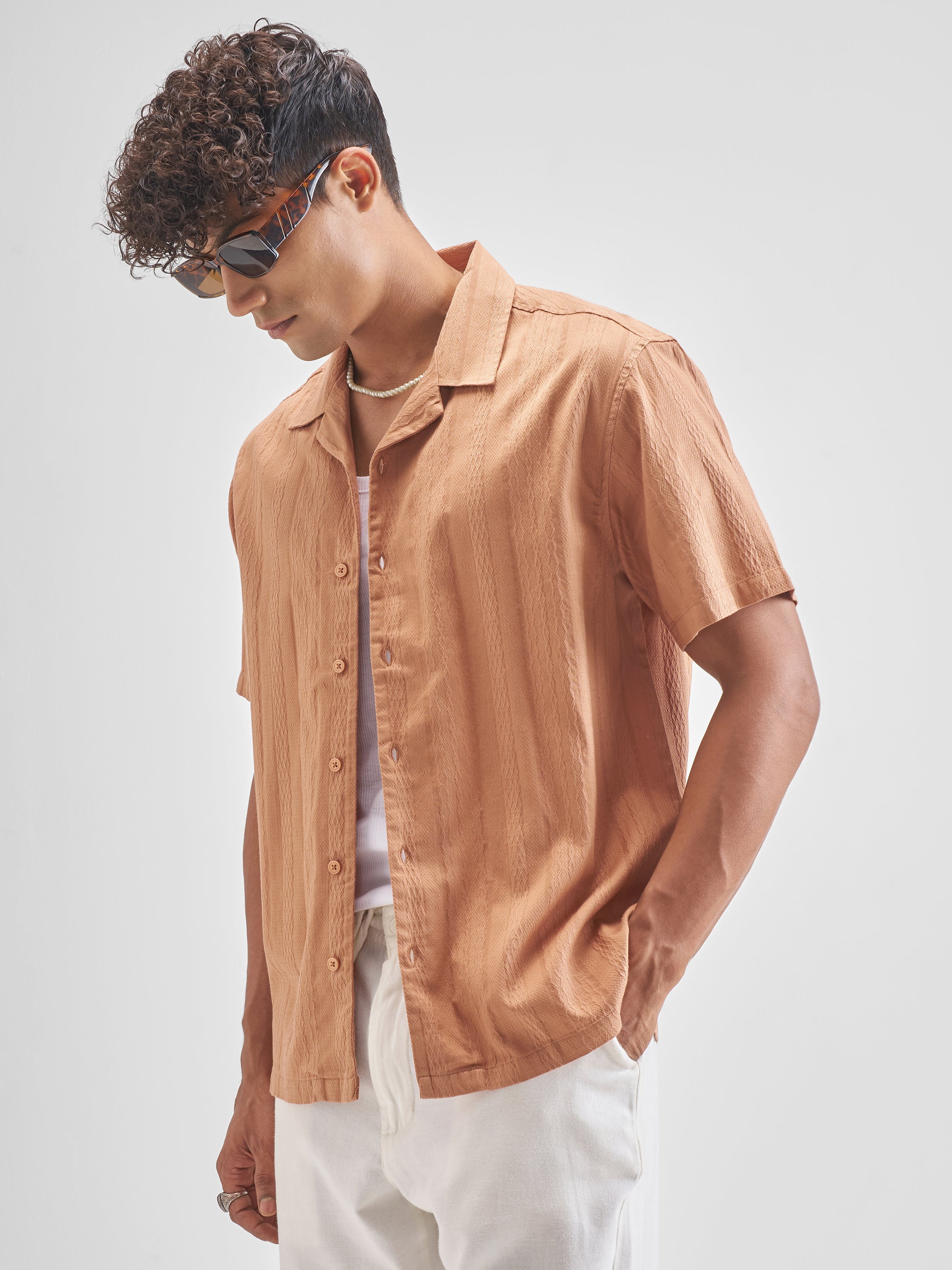 Highlander Men Peach Self Design Relaxed Fit Casual Shirt - Peach - Image 4