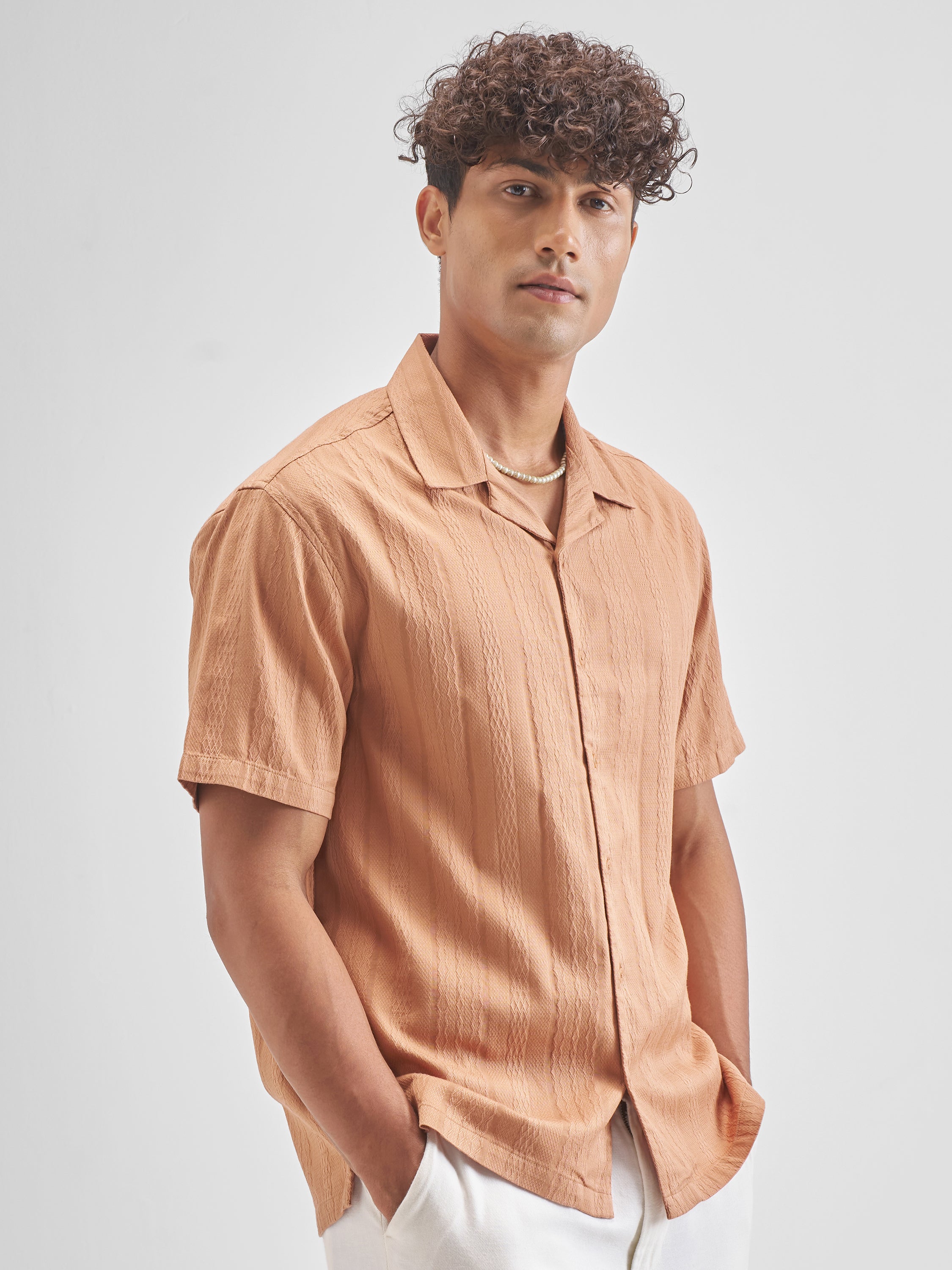 Highlander Men Peach Self Design Relaxed Fit Casual Shirt - Peach - Image 6