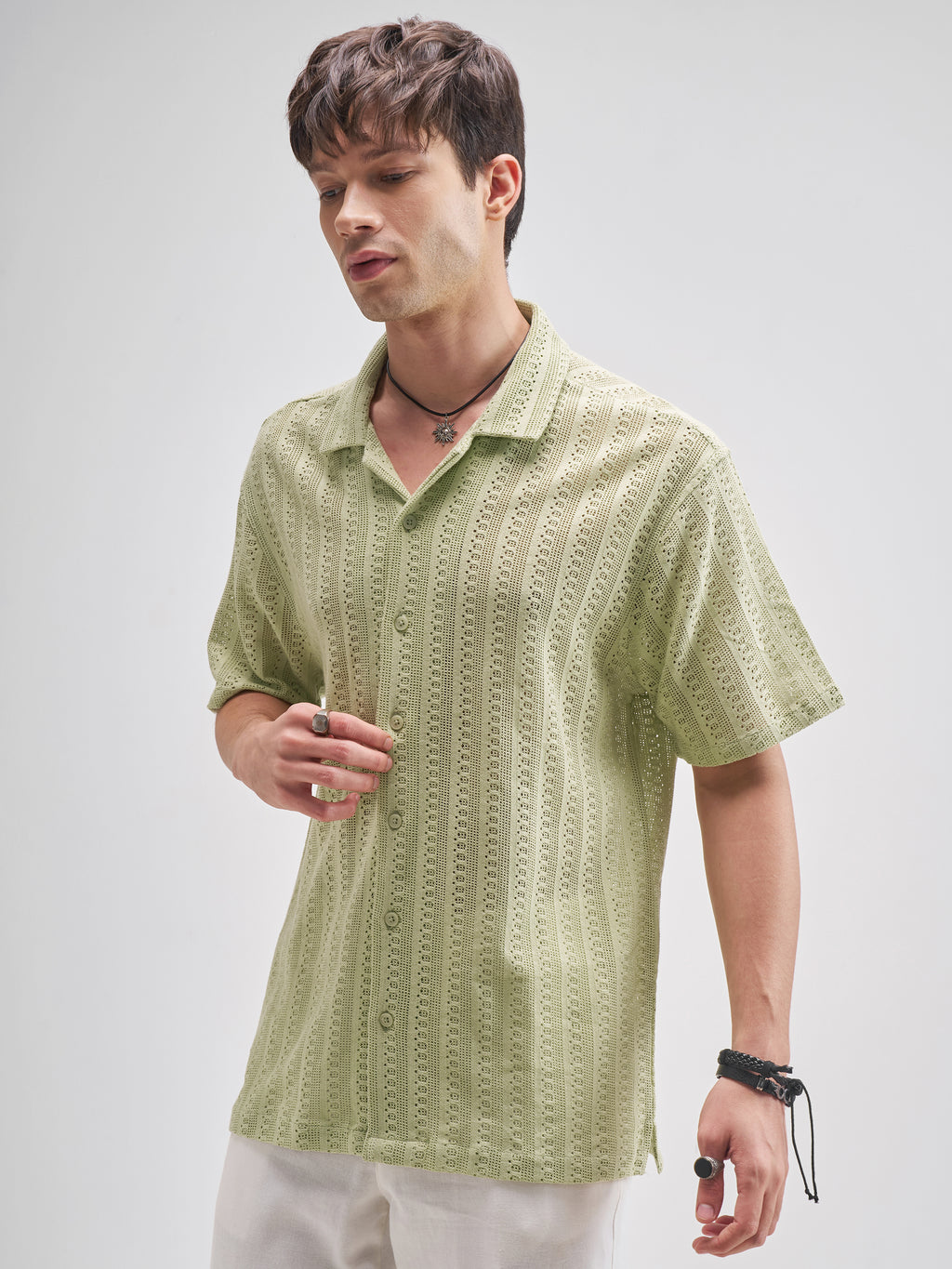 Highlander Men Green Self Design Relaxed Fit Casual Shirt - Green - Image 4