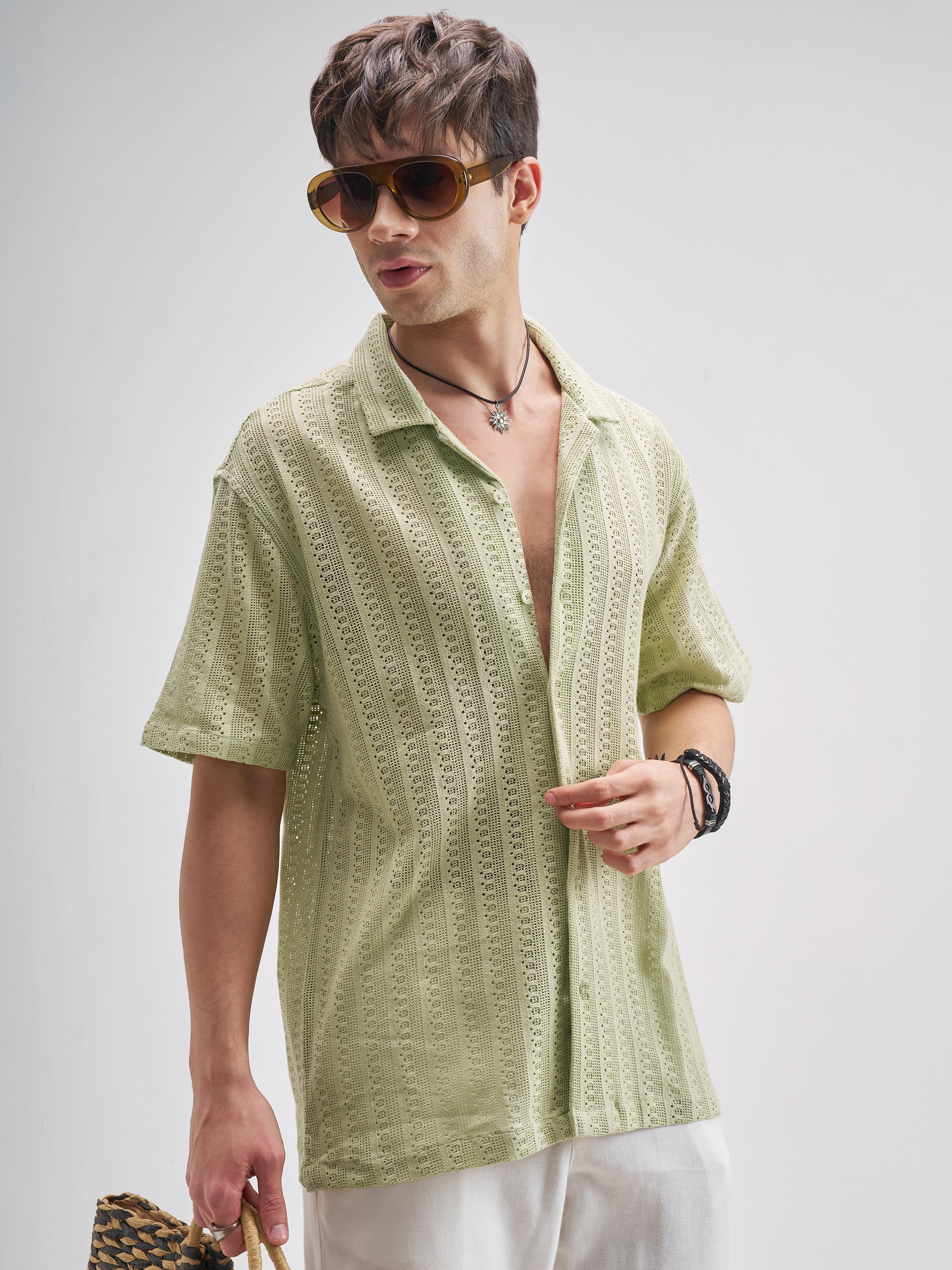 Highlander Men Green Self Design Relaxed Fit Casual Shirt - Green - Image 6