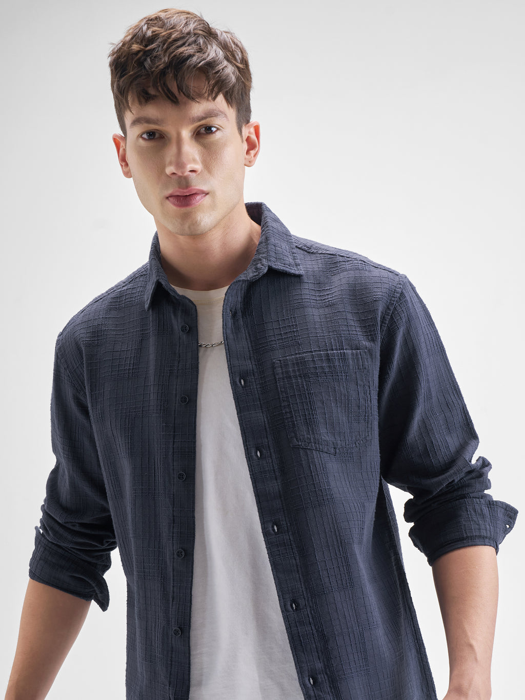 Highlander Men Navy Blue Self Design Relaxed Fit Casual Shirt - Navy Blue - Image 1