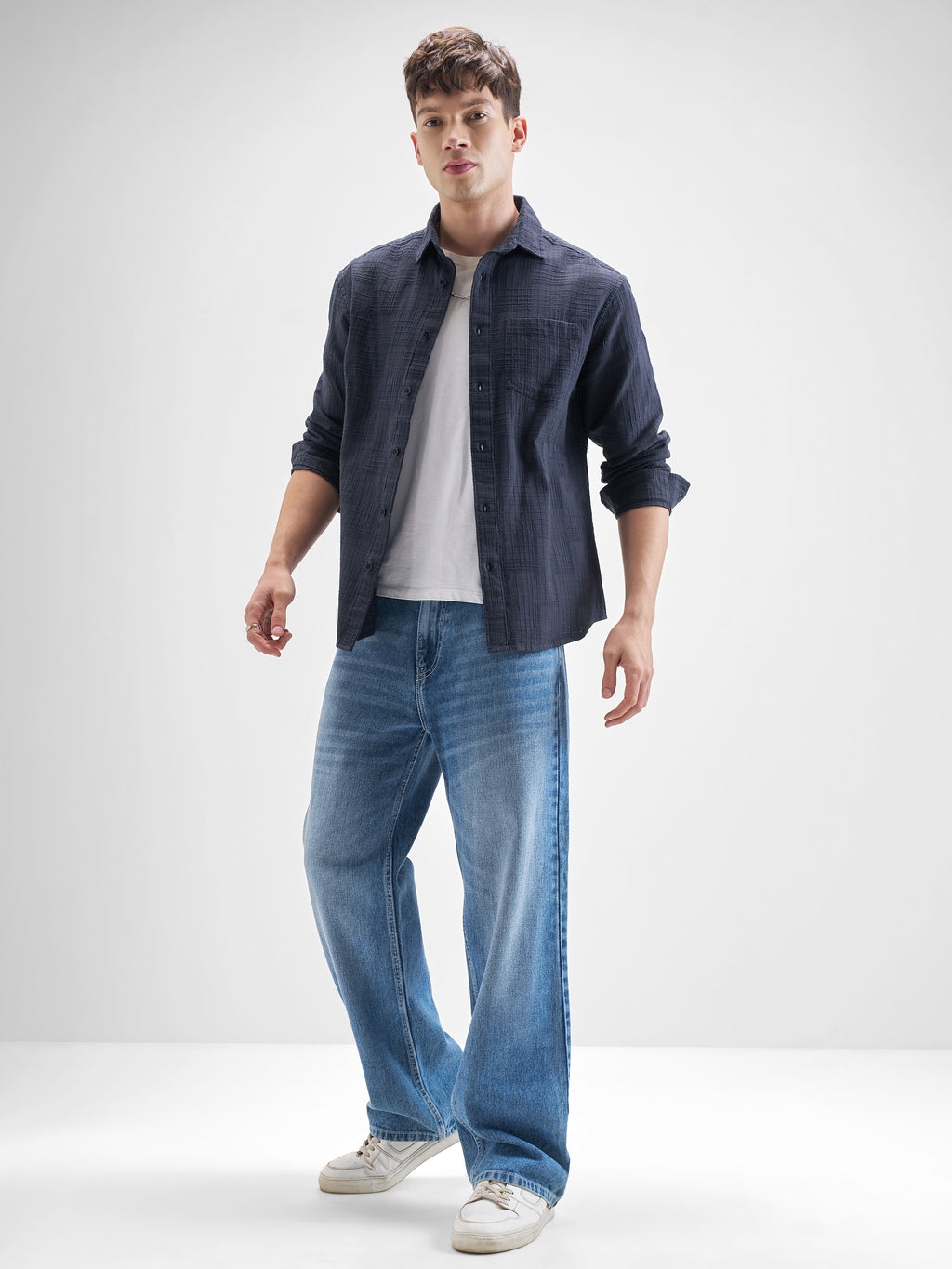 Highlander Men Navy Blue Self Design Relaxed Fit Casual Shirt - Navy Blue - Image 2