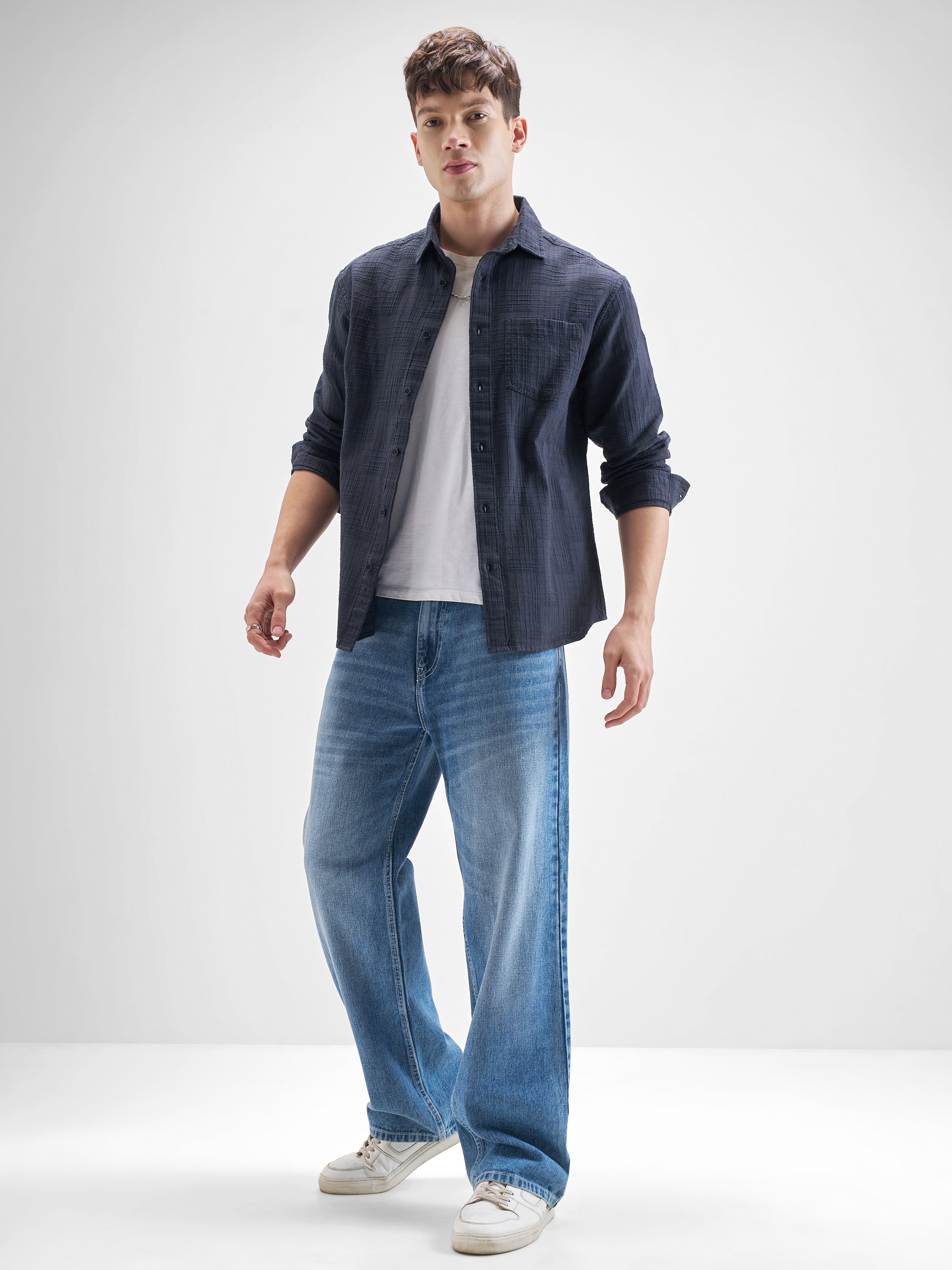 Highlander Men Navy Blue Self Design Relaxed Fit Casual Shirt - Navy Blue - Image 2