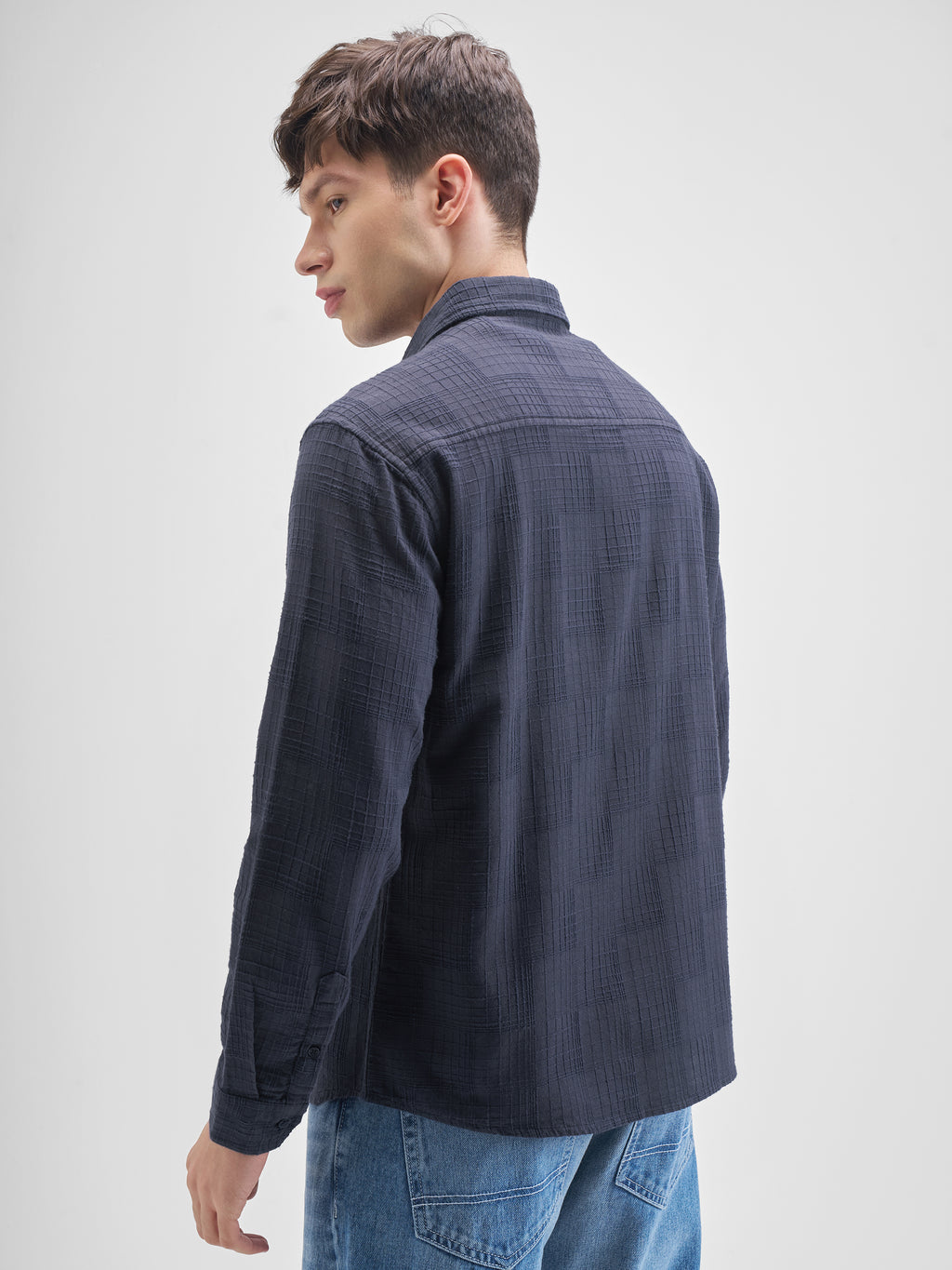 Highlander Men Navy Blue Self Design Relaxed Fit Casual Shirt - Navy Blue - Image 3