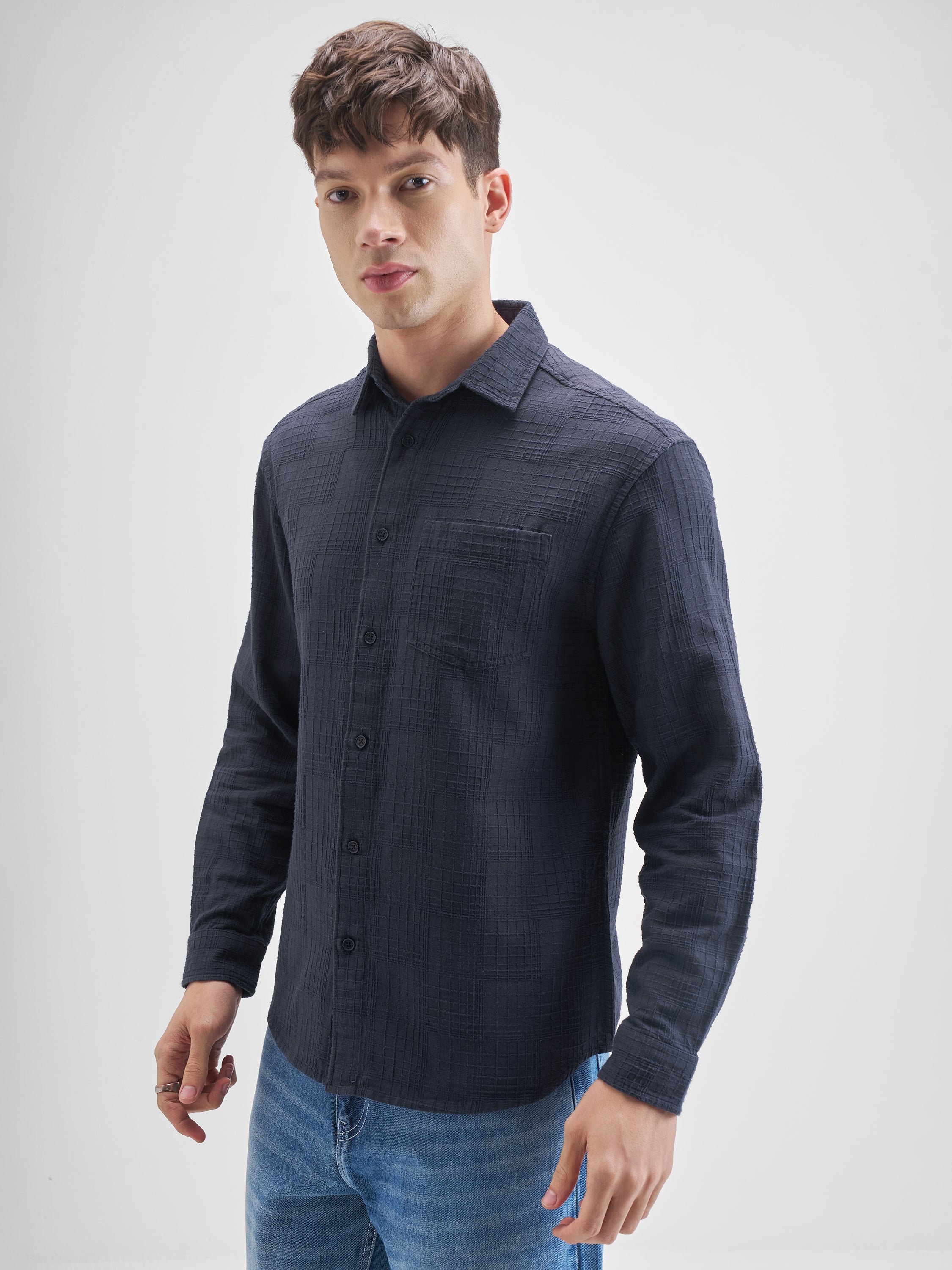 Highlander Men Navy Blue Self Design Relaxed Fit Casual Shirt - Navy Blue - Image 4