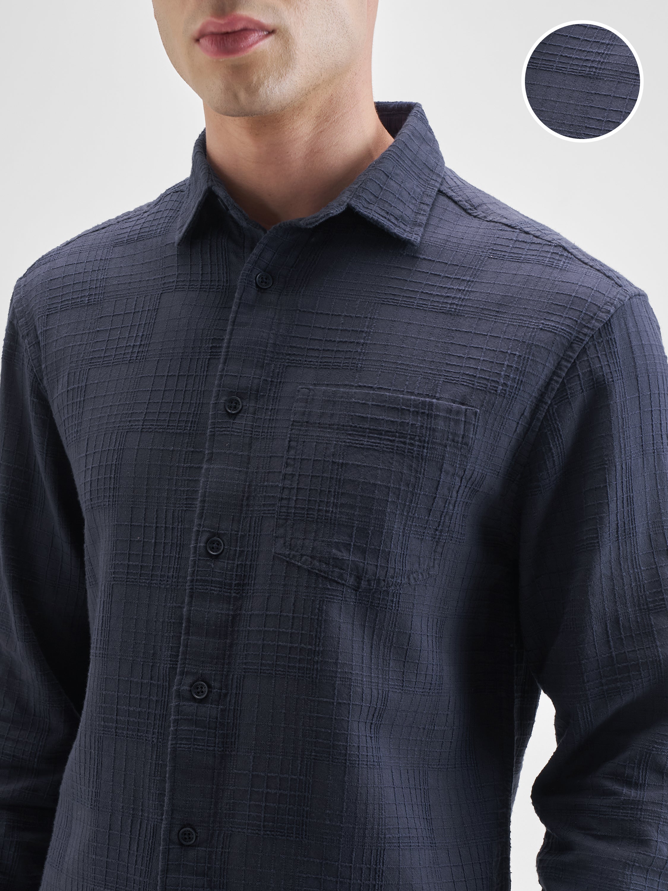 Highlander Men Navy Blue Self Design Relaxed Fit Casual Shirt - Navy Blue - Image 5